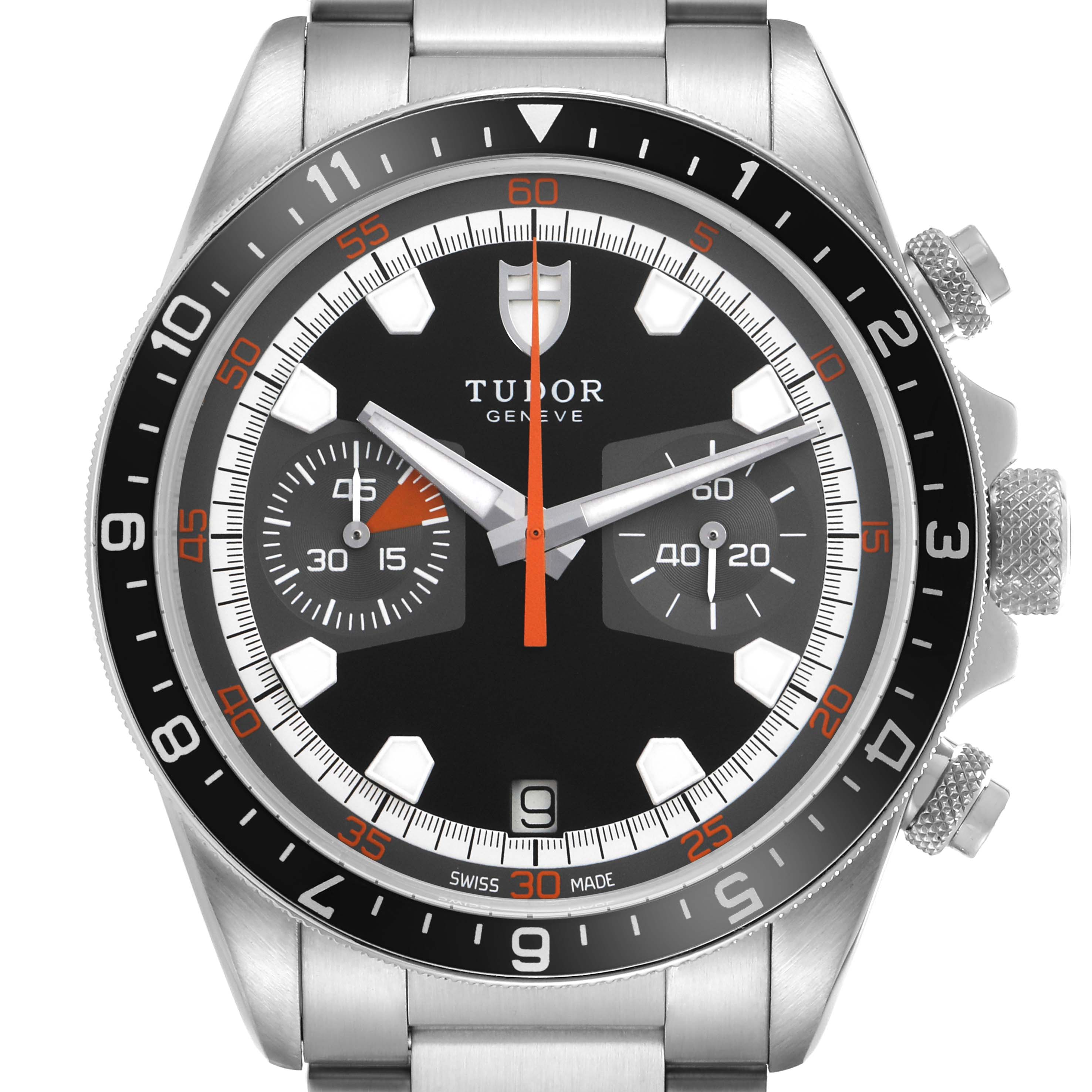 The Tudor Heritage Chrono 70330 Men's Stainless Steel Black Dial 70330 Men's Stainless Steel Black Dial watch is shown from the front, displaying the dial, bezel, and pushers.