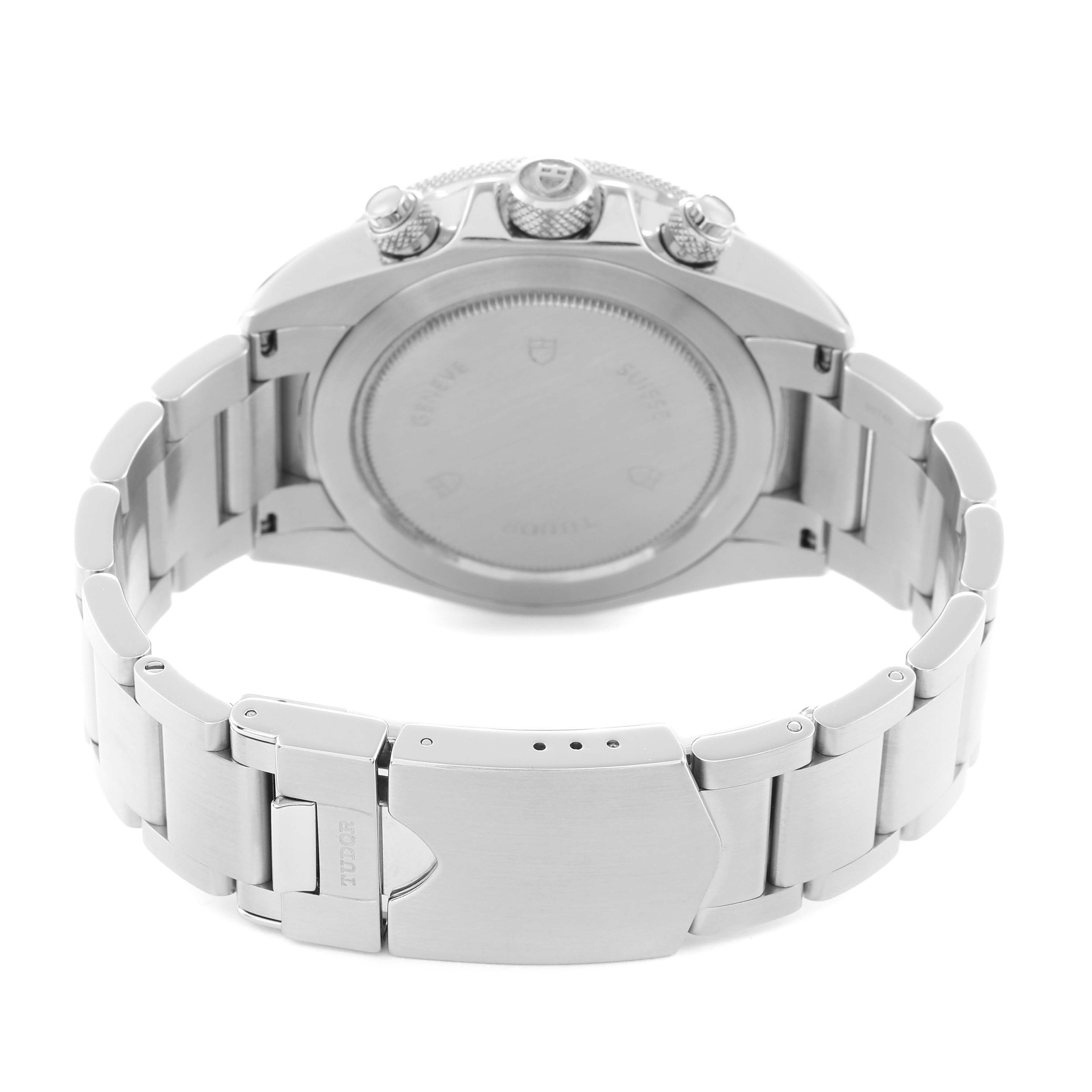 The image shows the back view of a Tudor Heritage Chrono 70330 Men's Stainless Steel Black Dial 70330 Men's Stainless Steel Black Dial, highlighting its case back, crown, pushers, and bracelet clasp.