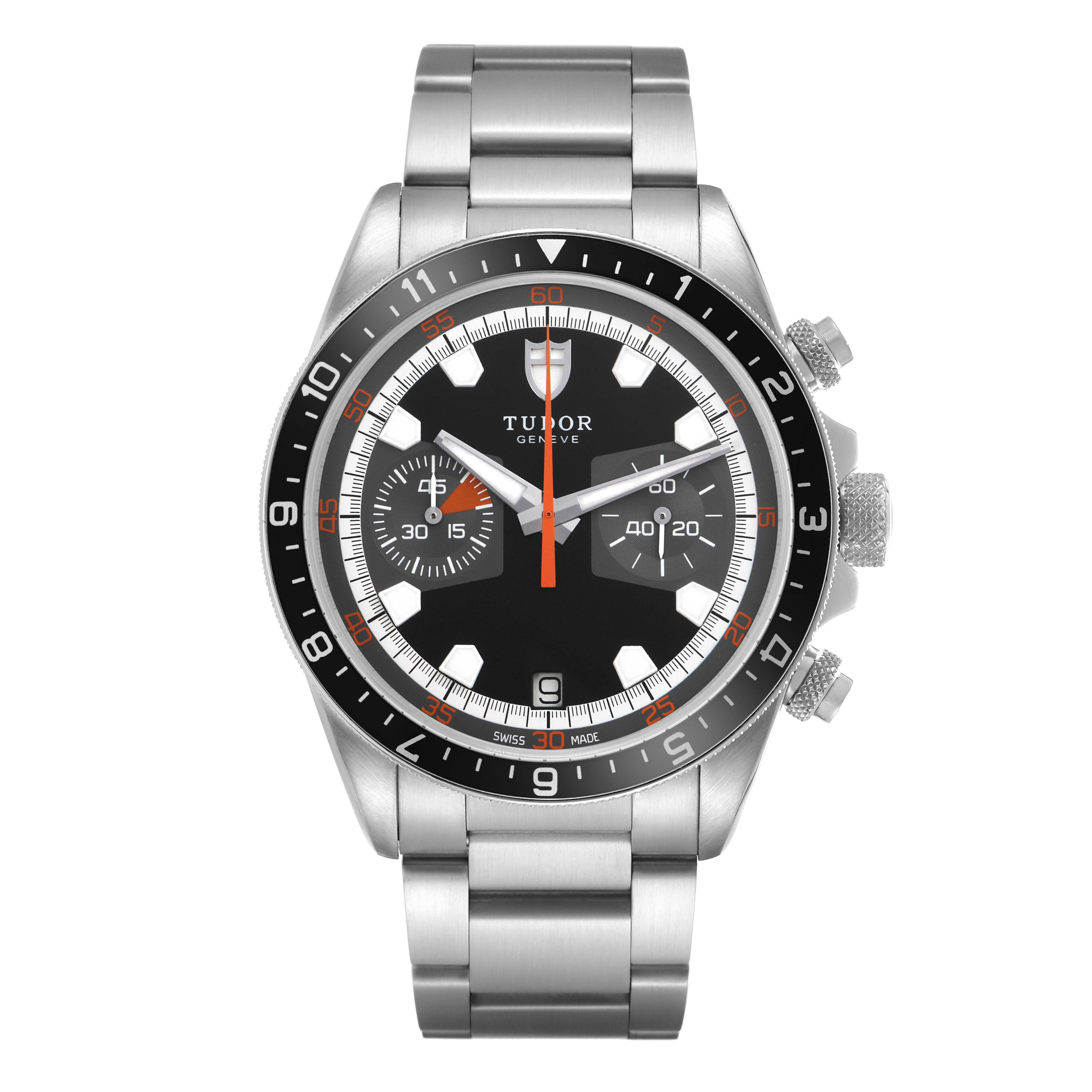 The Tudor Heritage Chrono 70330 Men's Stainless Steel Black Dial 70330 Men's Stainless Steel Black Dial watch is shown from a front angle, displaying its dial, bezel, and bracelet.