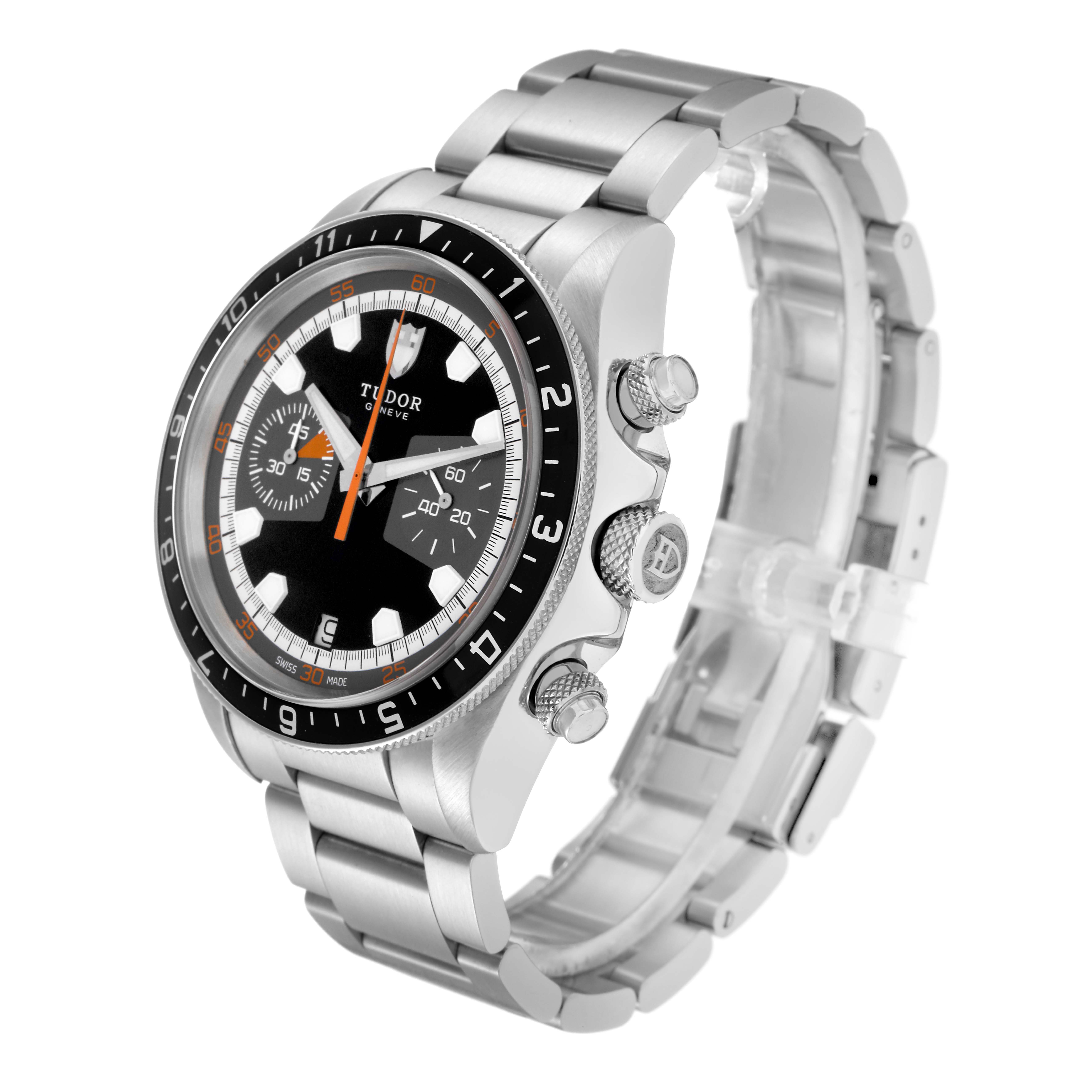 The Tudor Heritage Chrono 70330 Men's Stainless Steel Black Dial 70330 Men's Stainless Steel Black Dial watch is shown at a three-quarter angle, displaying the face, bezel, and metal bracelet.