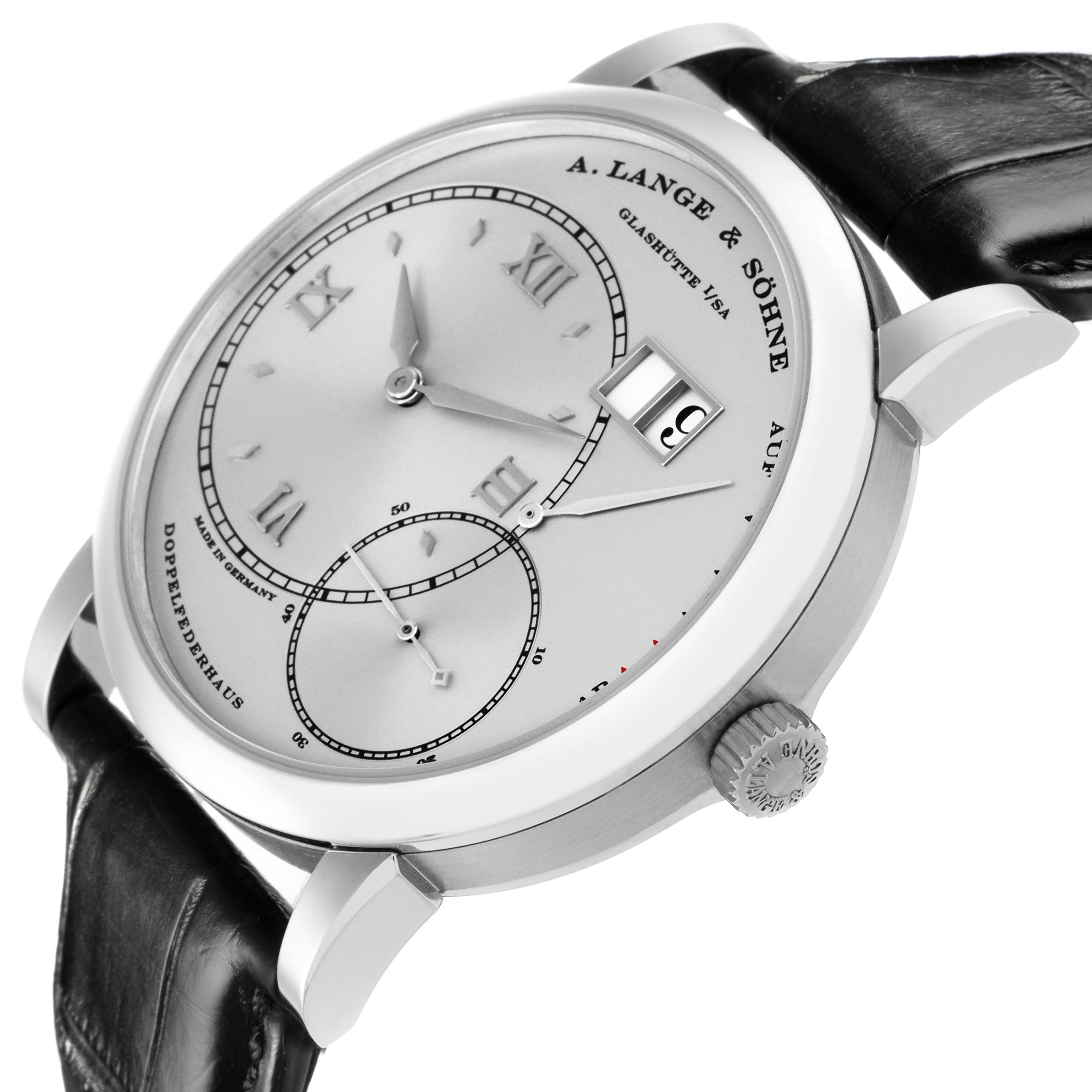 The image shows a side angle of the A. Lange & Sohne Lange 1 115.026 Men's Platinum Silver Dial, highlighting the watch face, bezel, crown, and leather strap.
