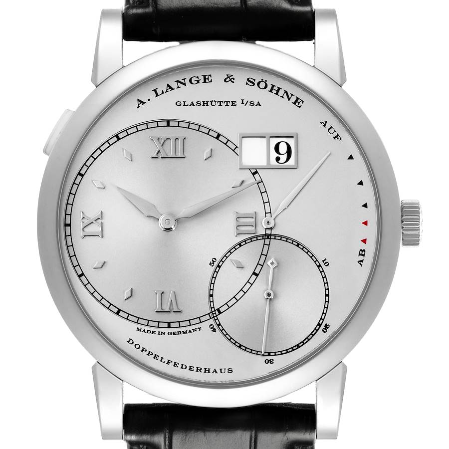 The Lange 1 by A. Lange & Söhne is shown from a front view, featuring dials, Roman numerals, and a date display.