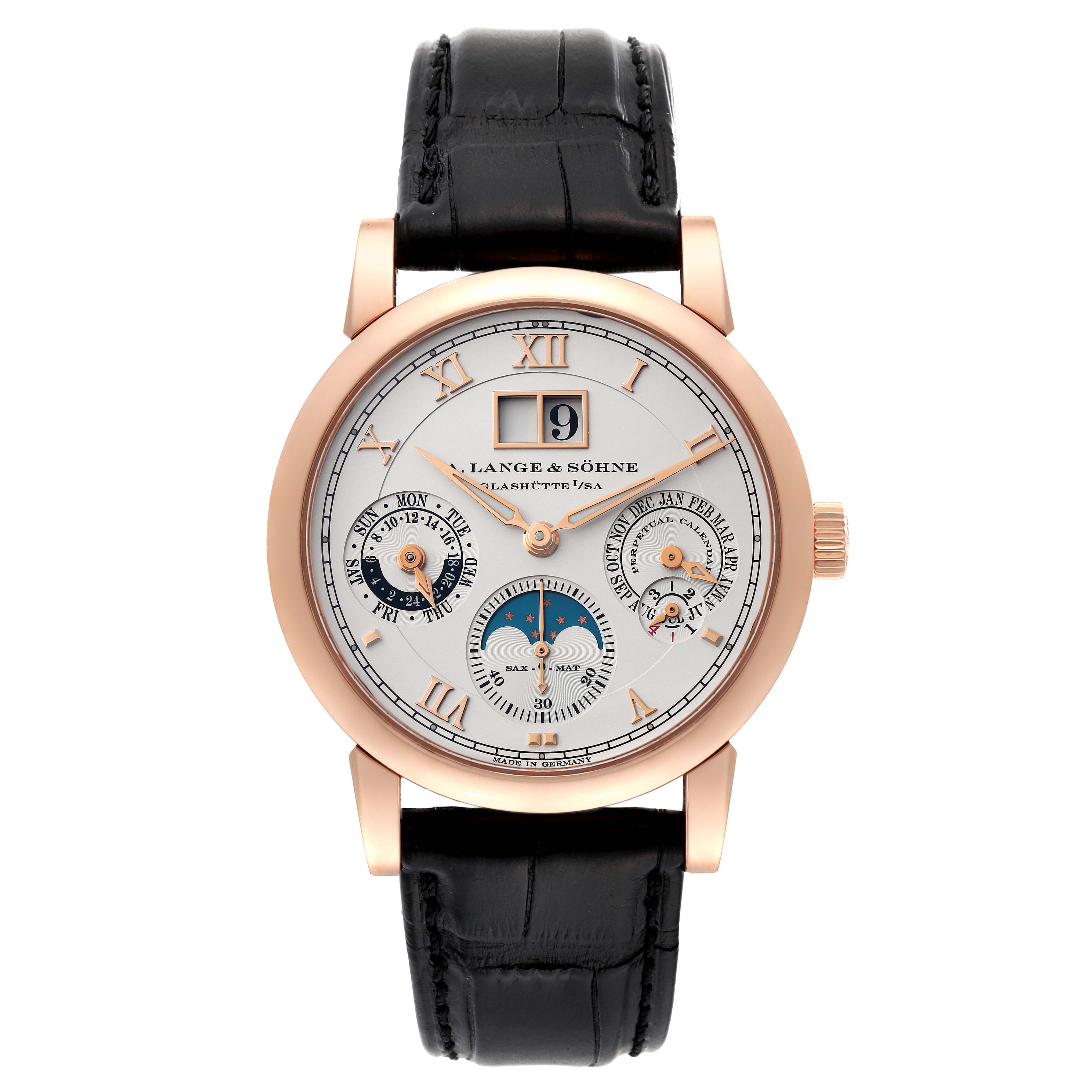 The Richard Lange watch by A. Lange & Sohne is shown from a straight-on angle, displaying its dial, face, and strap.