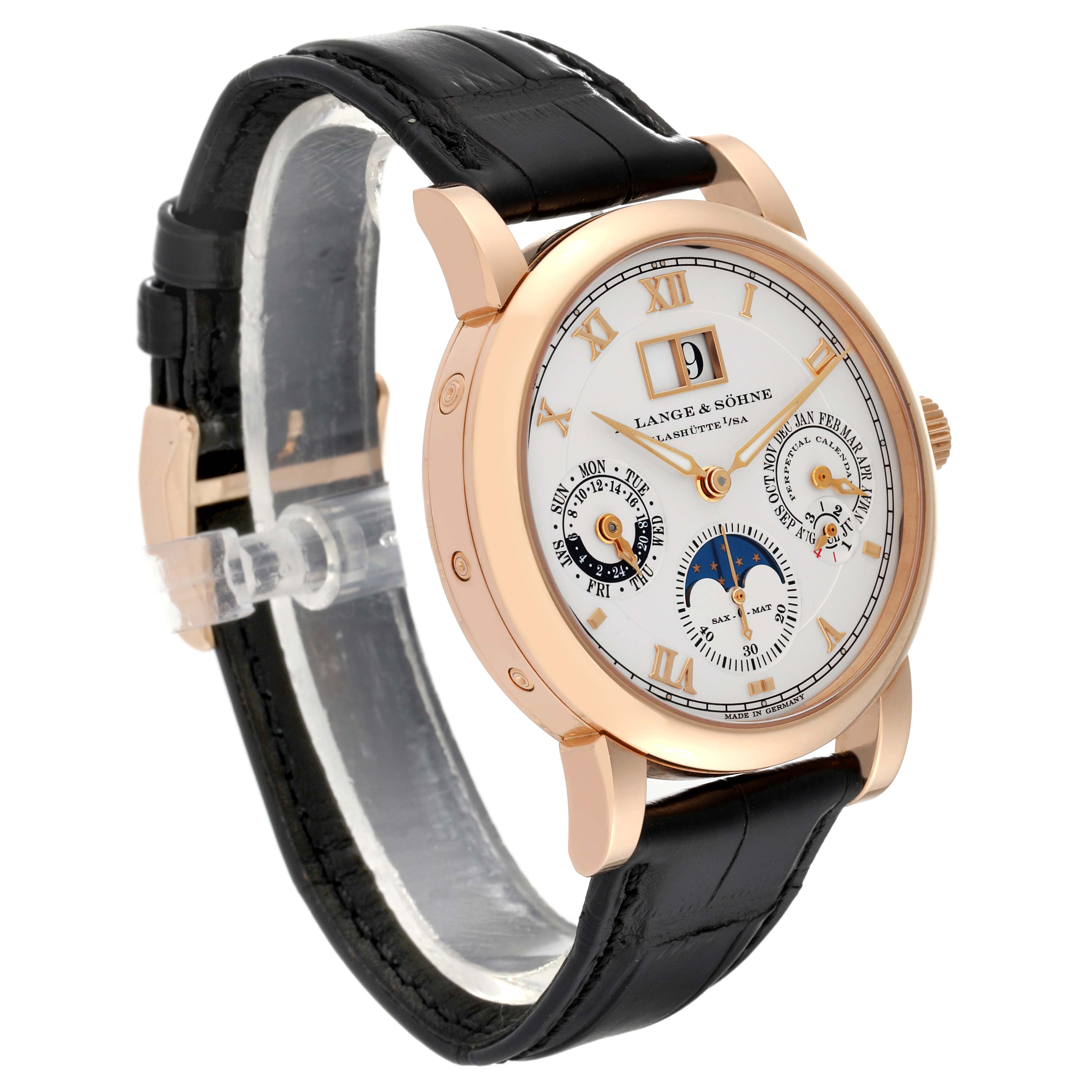 The Richard Lange model by A. Lange & Söhne is shown at a three-quarter angle, displaying its face, strap, and crown.