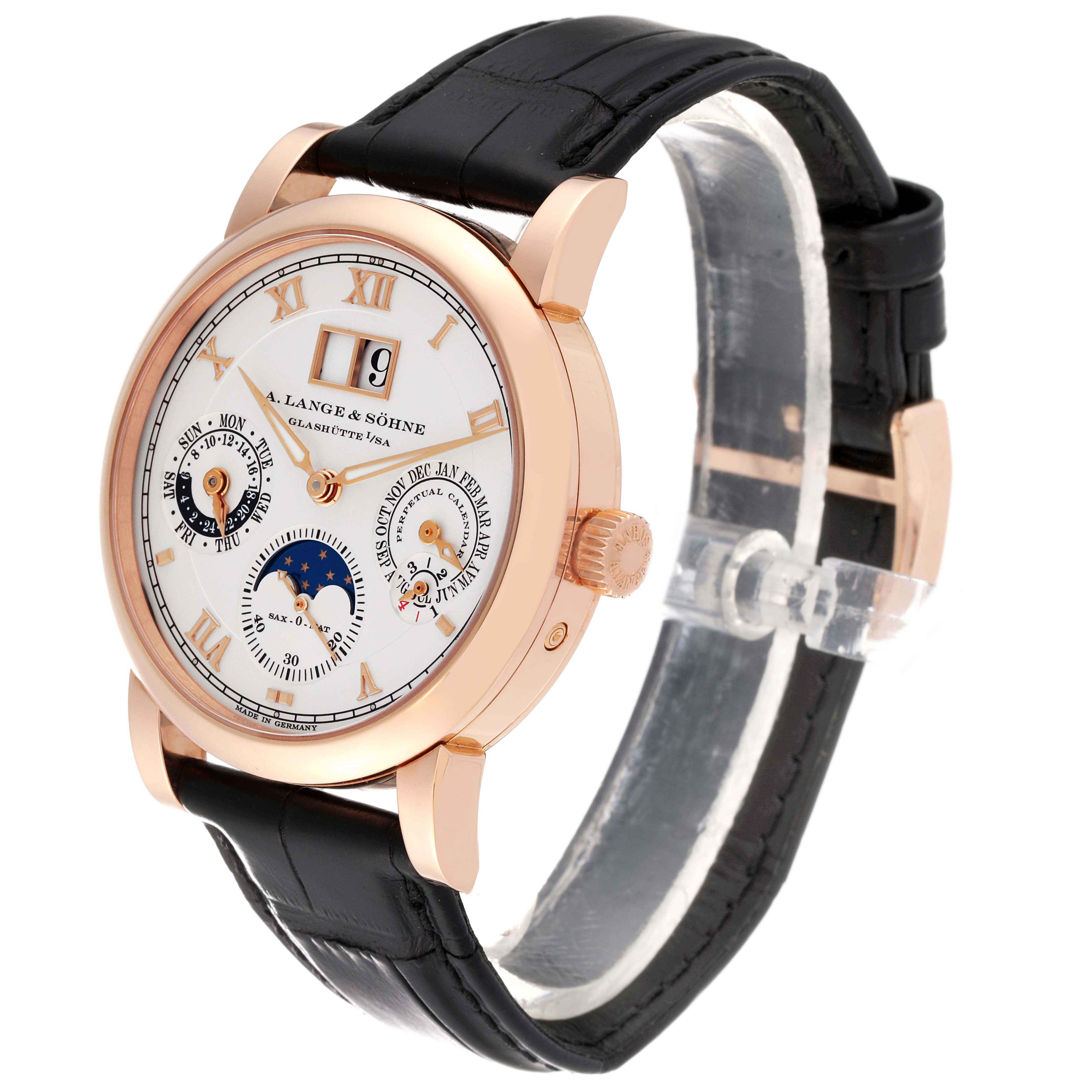 This Richard Lange model by A. Lange & Söhne is shown at a three-quarter angle, displaying its dial, crown, and leather strap.