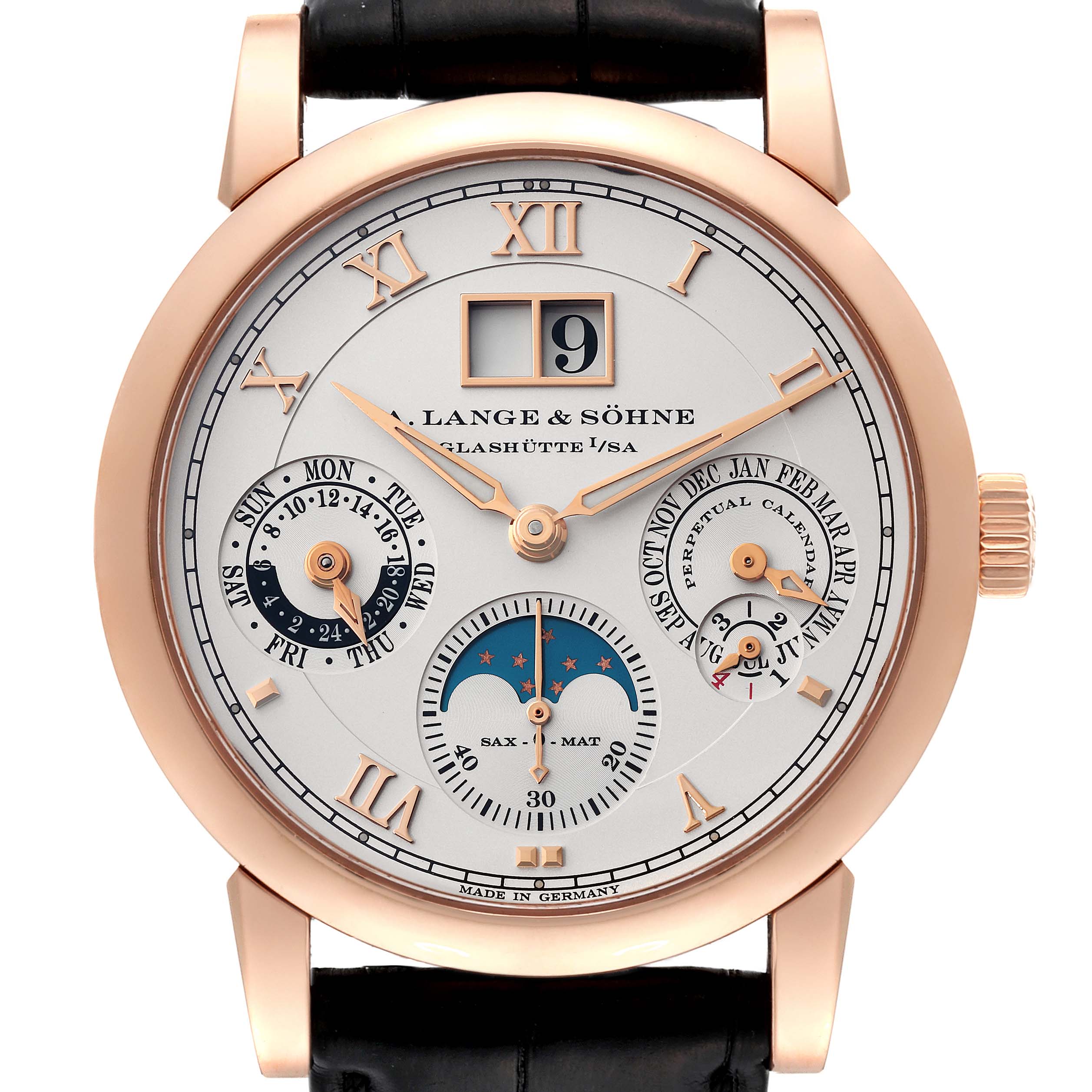The image shows a front view of the Richard Lange model by A. Lange & Söhne, highlighting the dial and complications.