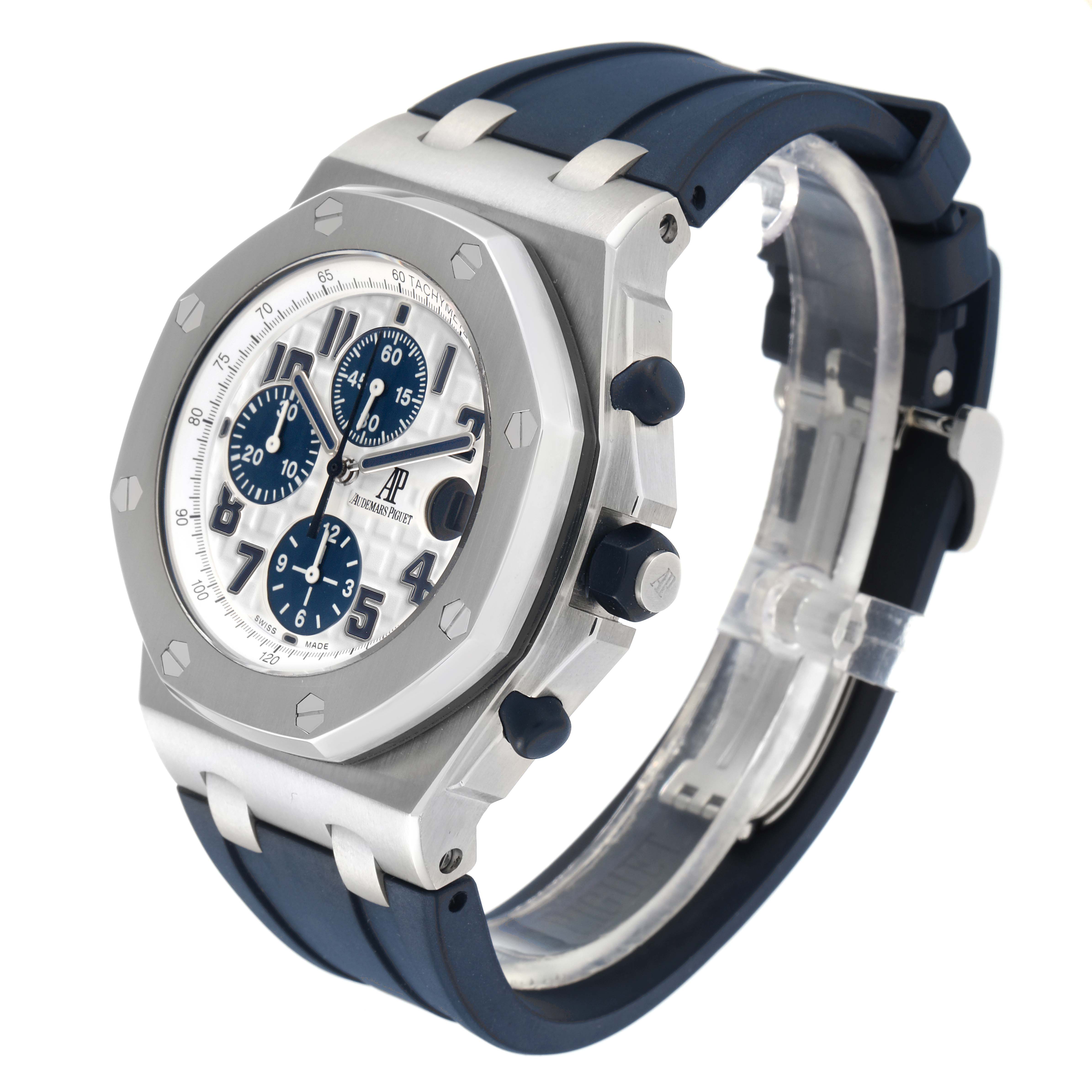 The Audemars Piguet Royal Oak Offshore 26020ST Men
s Stainless Steel White Dial 26020ST Men
s Stainless Steel White Dial is shown at a three-quarter angle, highlighting the dial, bezel, and strap.