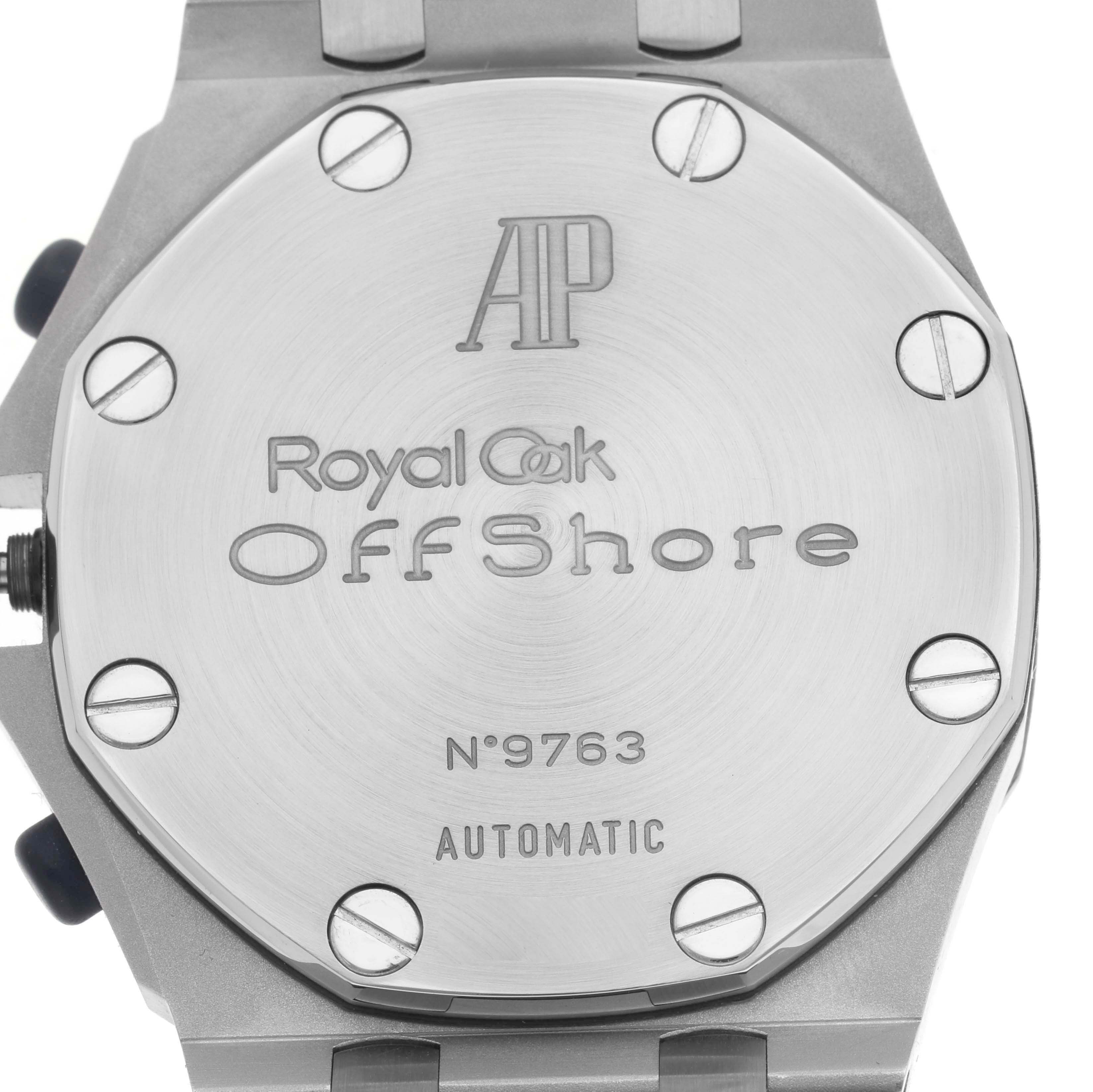 The image shows the back view of an Audemars Piguet Royal Oak Offshore 26020ST Men
s Stainless Steel White Dial 26020ST Men
s Stainless Steel White Dial watch, displaying its engraved caseback.