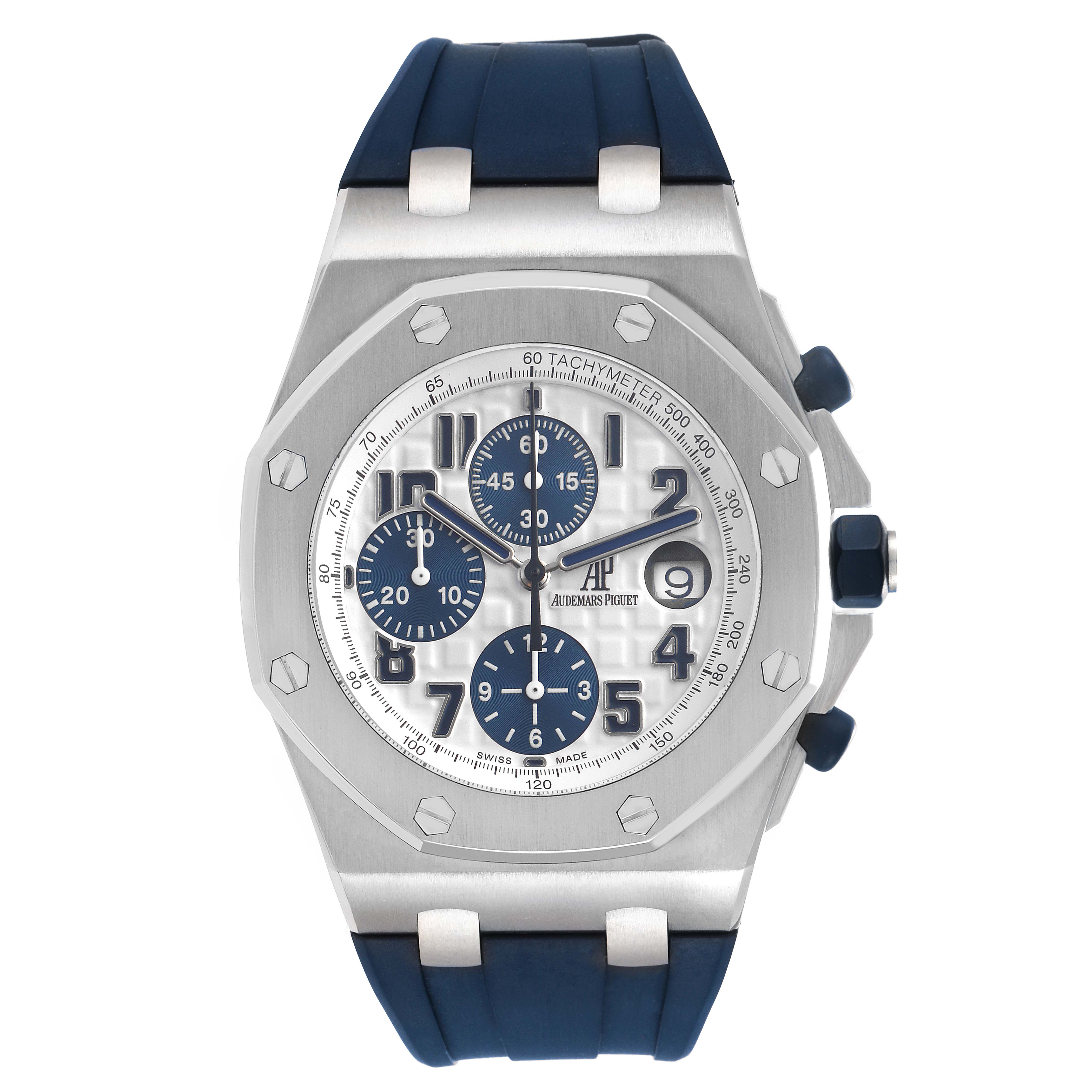 The Audemars Piguet Royal Oak Offshore 26020ST Men
s Stainless Steel White Dial 26020ST Men
s Stainless Steel White Dial watch is shown from the front, displaying the case, dial, and bezel.