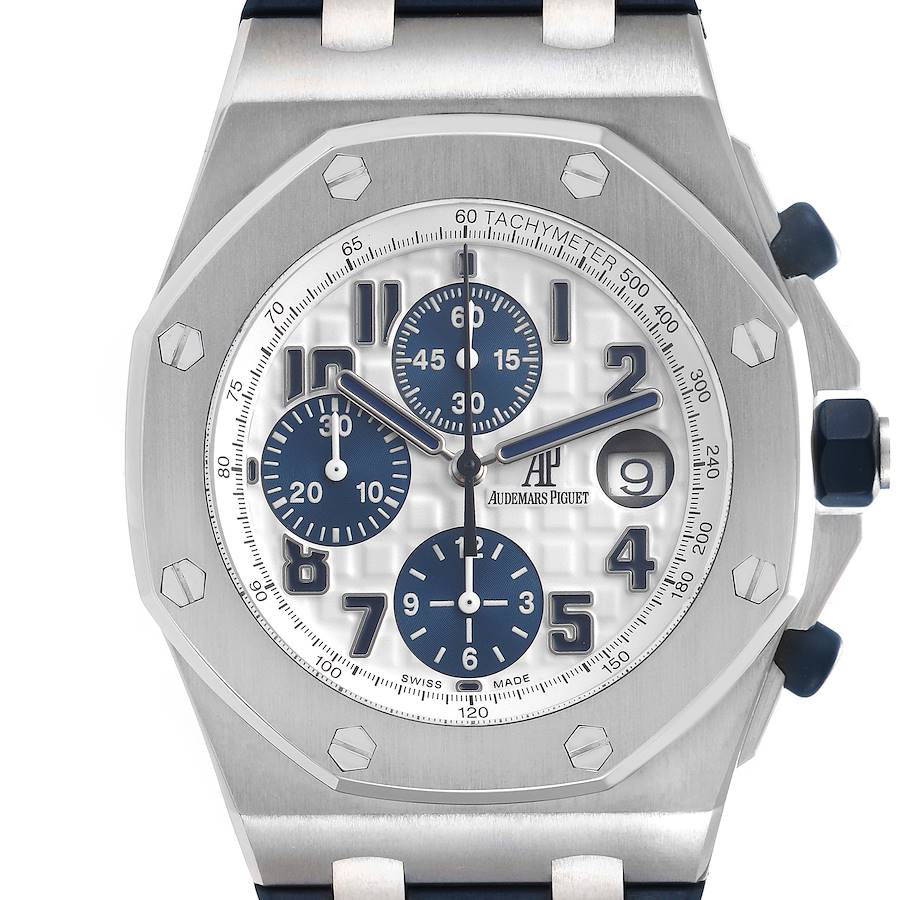 The image shows a front view of the Audemars Piguet Royal Oak Offshore, highlighting the face, bezel, and side pushers.