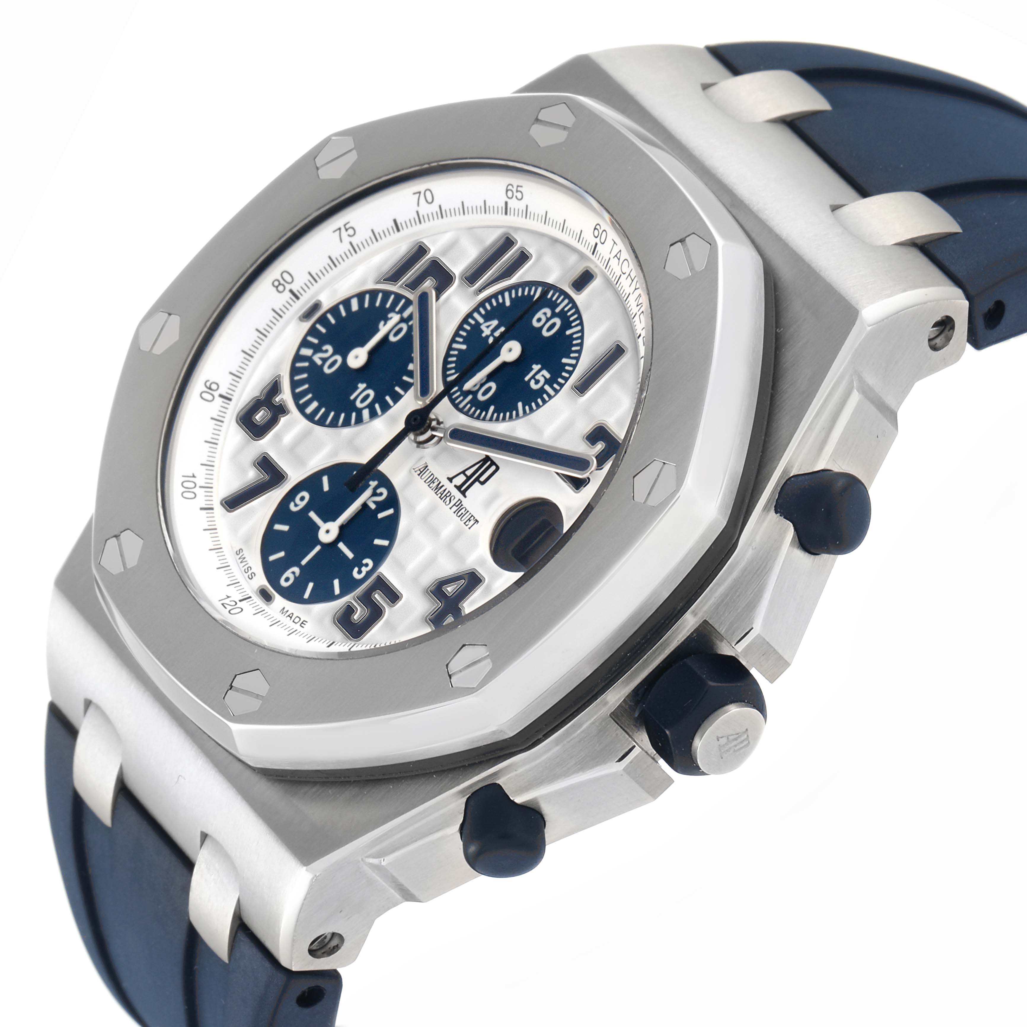 The Audemars Piguet Royal Oak Offshore 26020ST Men
s Stainless Steel White Dial 26020ST Men
s Stainless Steel White Dial is shown at a side angle, highlighting the case, bezel, dial, and side pushers.