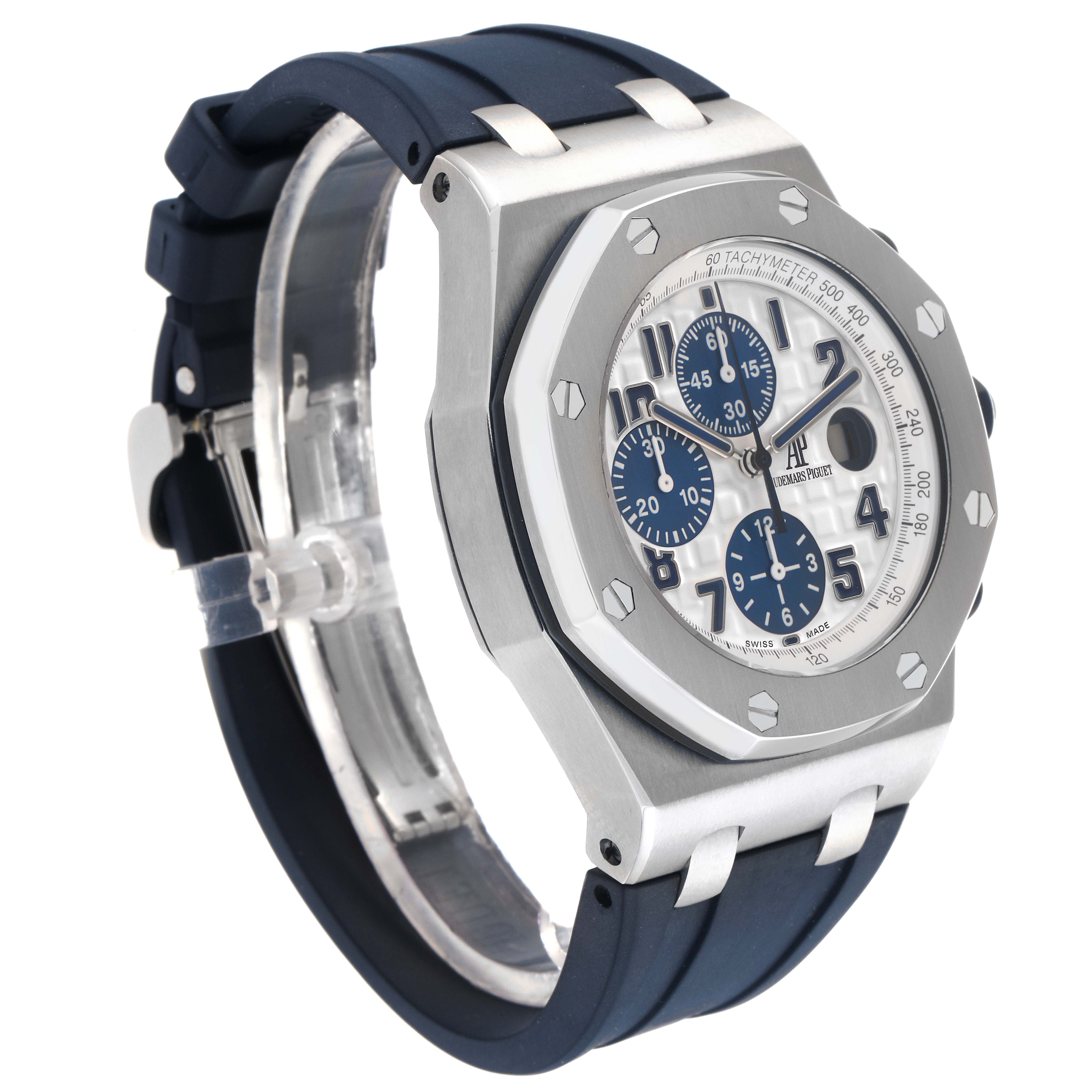 The Audemars Piguet Royal Oak Offshore 26020ST Men
s Stainless Steel White Dial 26020ST Men
s Stainless Steel White Dial watch is shown at a three-quarter angle, displaying the front, side, and part of the strap.