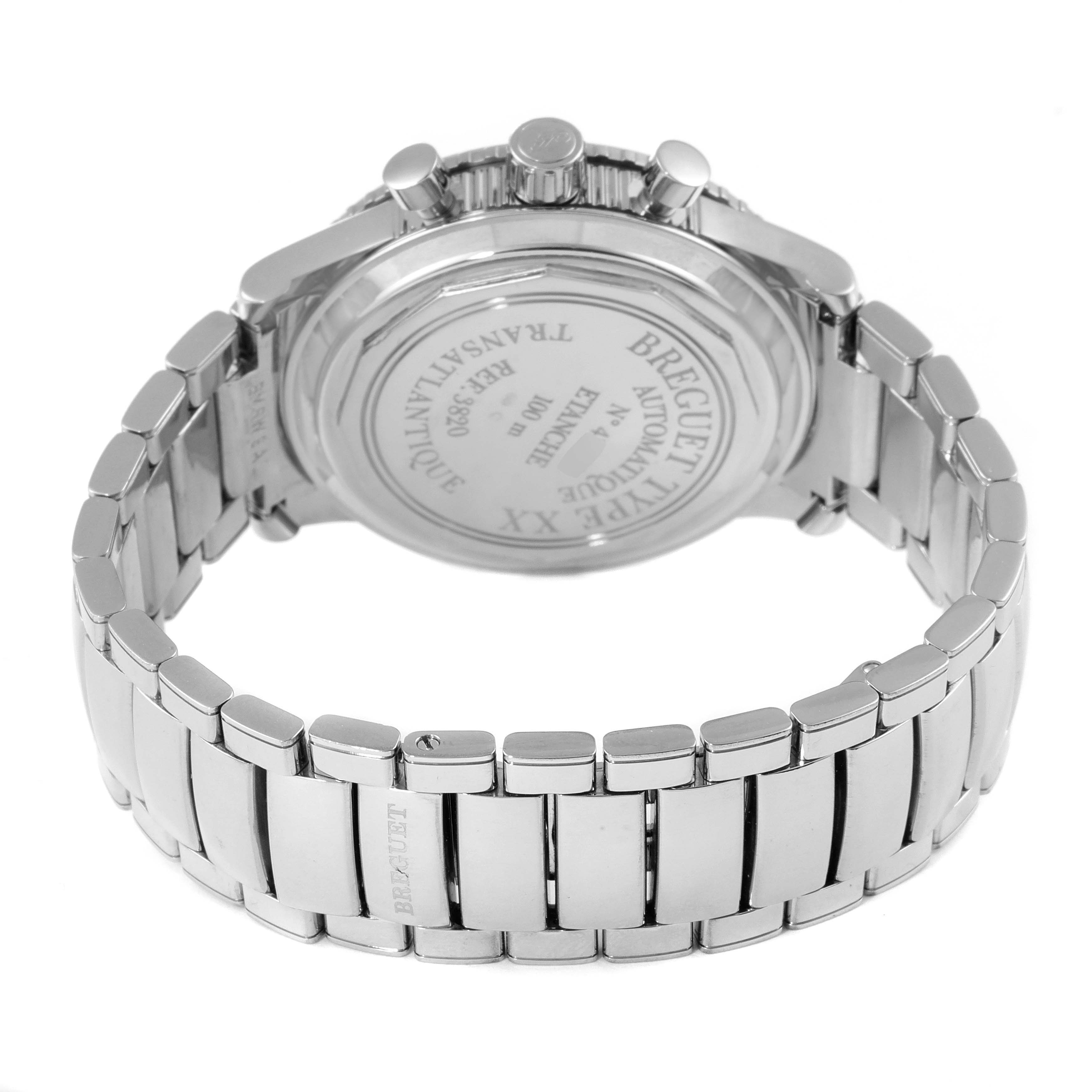 The image shows the back case and bracelet of a Breguet Type XX watch, with an engraved case back.