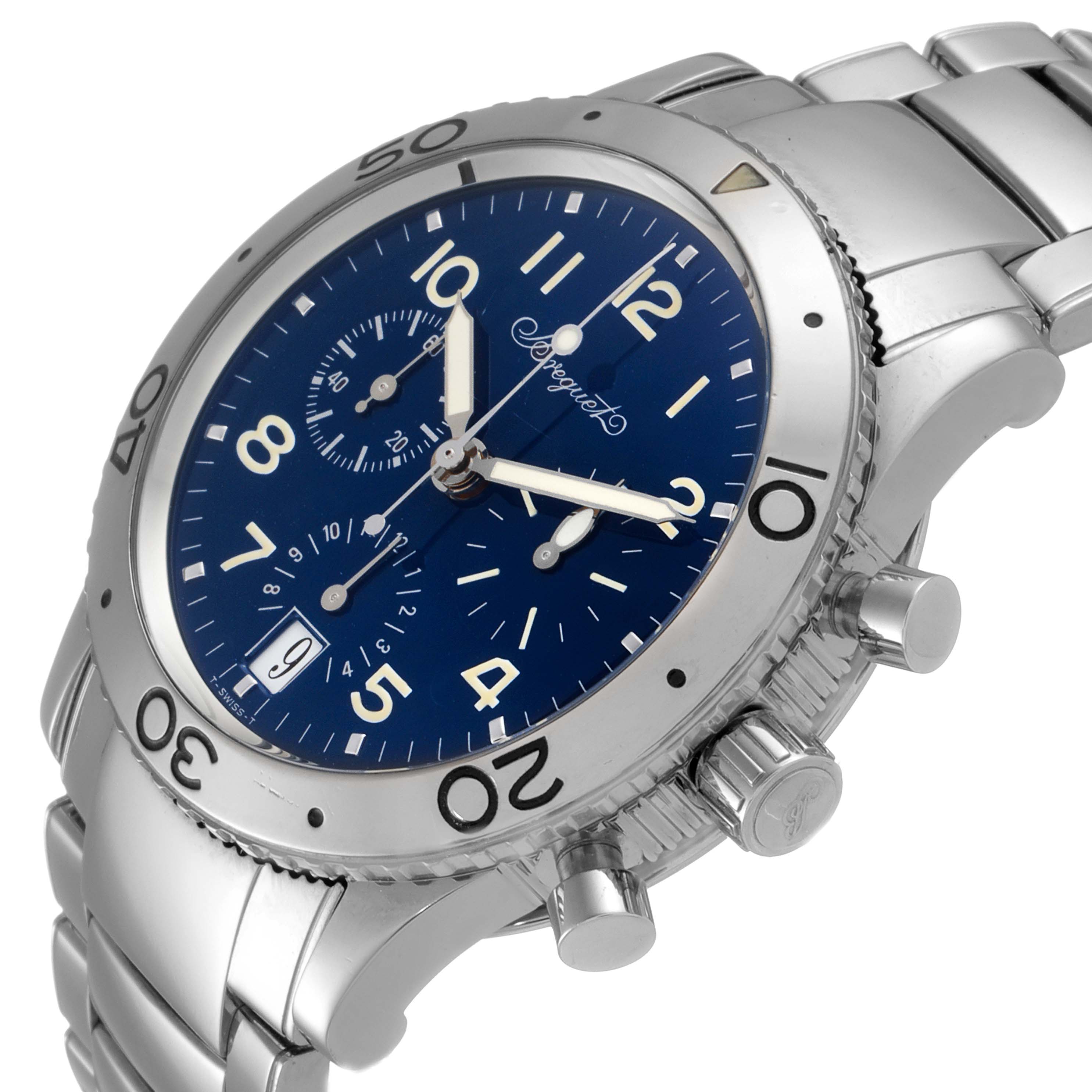 This image shows a close-up of a Breguet Type XX - XXI - XXII 3820BB/P2/9W6 Men
s White Gold Blue Dial 3820BB/P2/9W6 Men
s White Gold Blue Dial watch, highlighting the face, bezel, pushers, and bracelet.