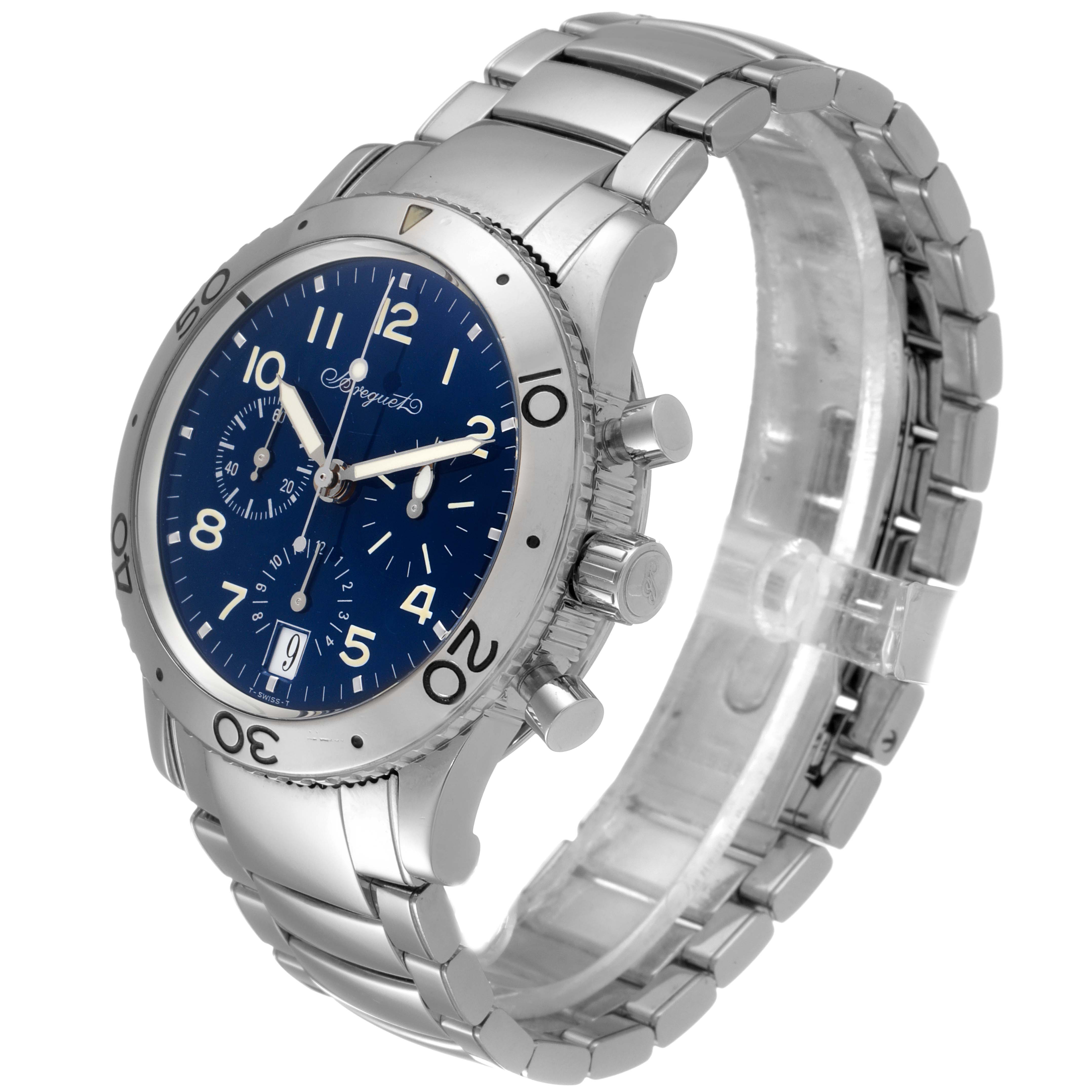 The image shows a Breguet Type XX - XXI - XXII 3820BB/P2/9W6 Men
s White Gold Blue Dial 3820BB/P2/9W6 Men
s White Gold Blue Dial watch at a three-quarter angle, highlighting the face, bezel, and bracelet.