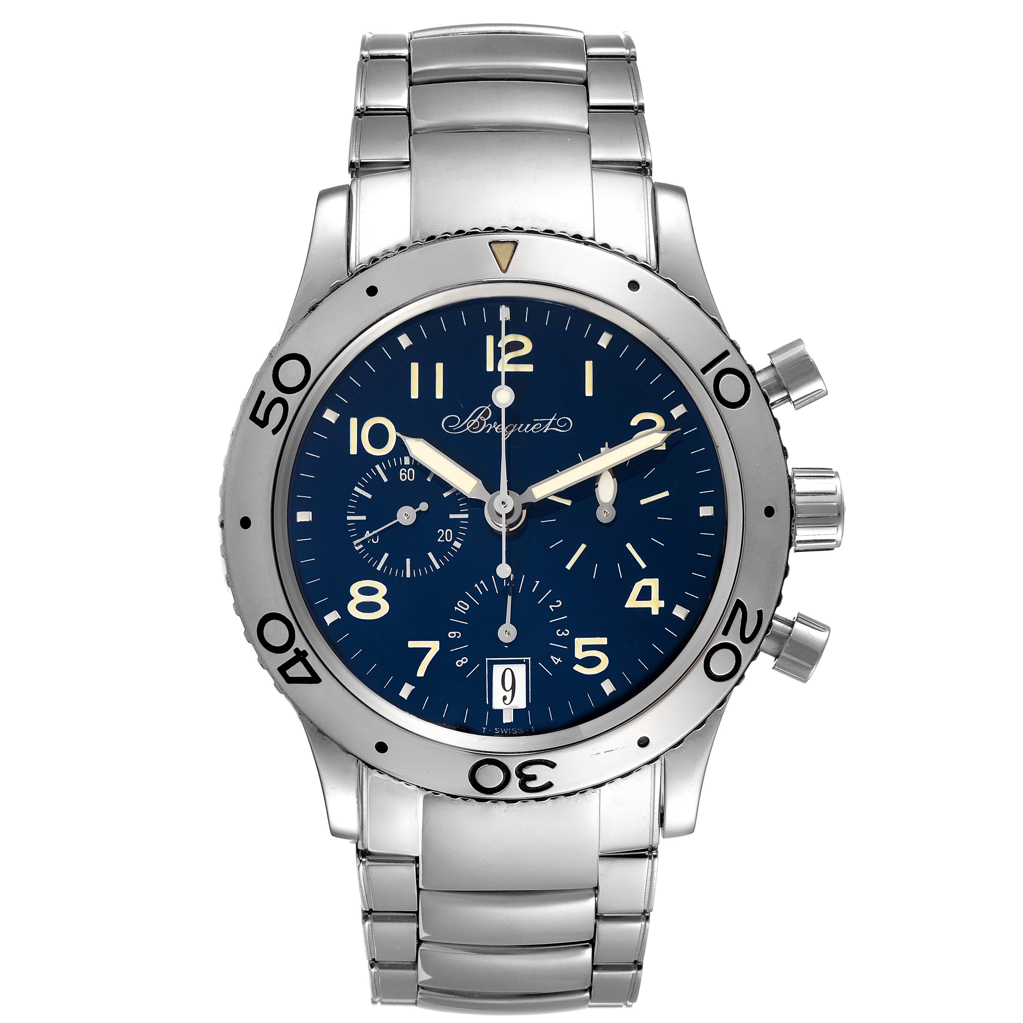 The Breguet Type XX - XXI - XXII 3820BB/P2/9W6 Men
s White Gold Blue Dial 3820BB/P2/9W6 Men
s White Gold Blue Dial watch is shown from the front, displaying the dial, bezel, and the metal bracelet.