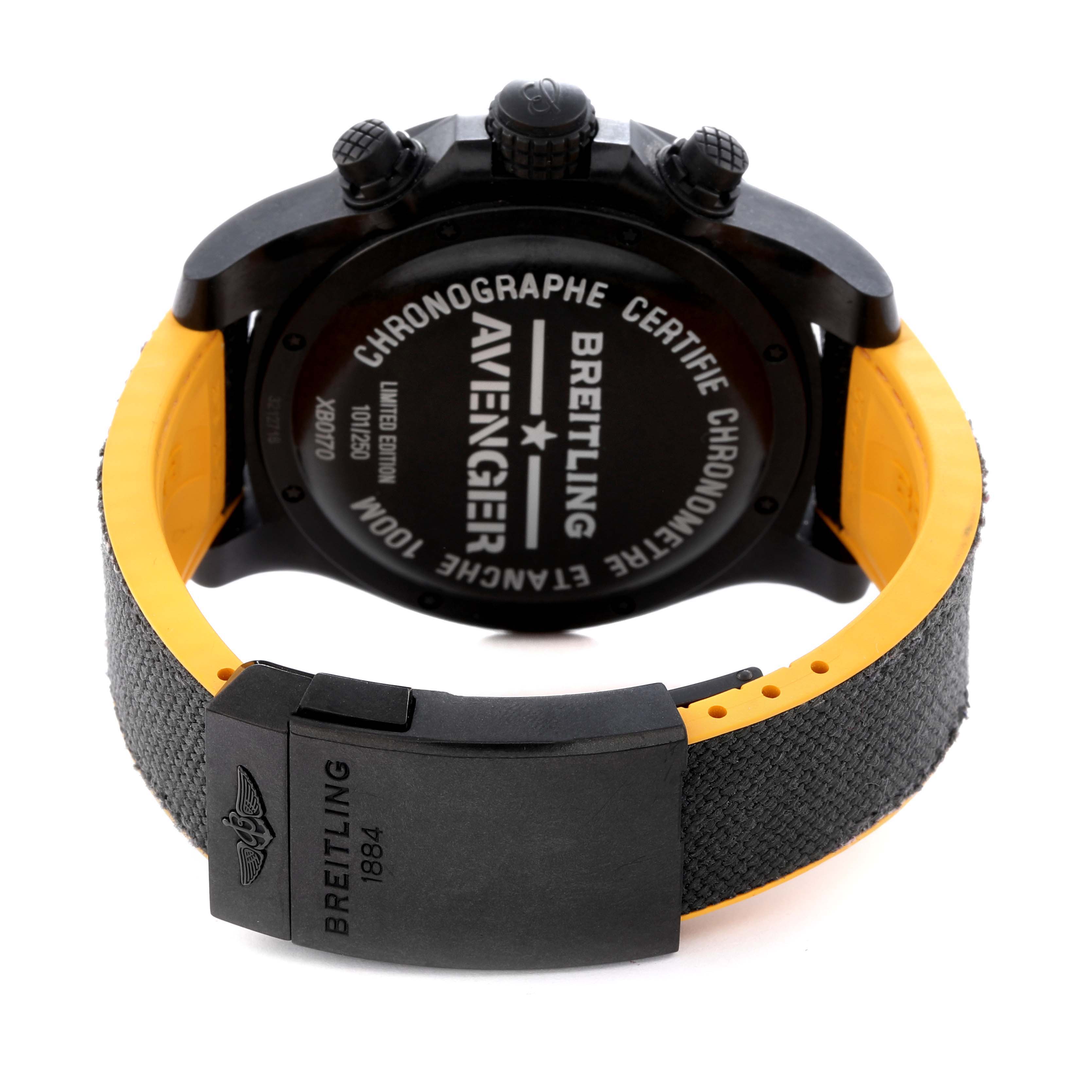 The image shows the back and side view of a Breitling Avenger XB0170 Men's Ceramic Black Dial XB0170 Men's Ceramic Black Dial watch, highlighting the case back, clasp, and part of the strap.