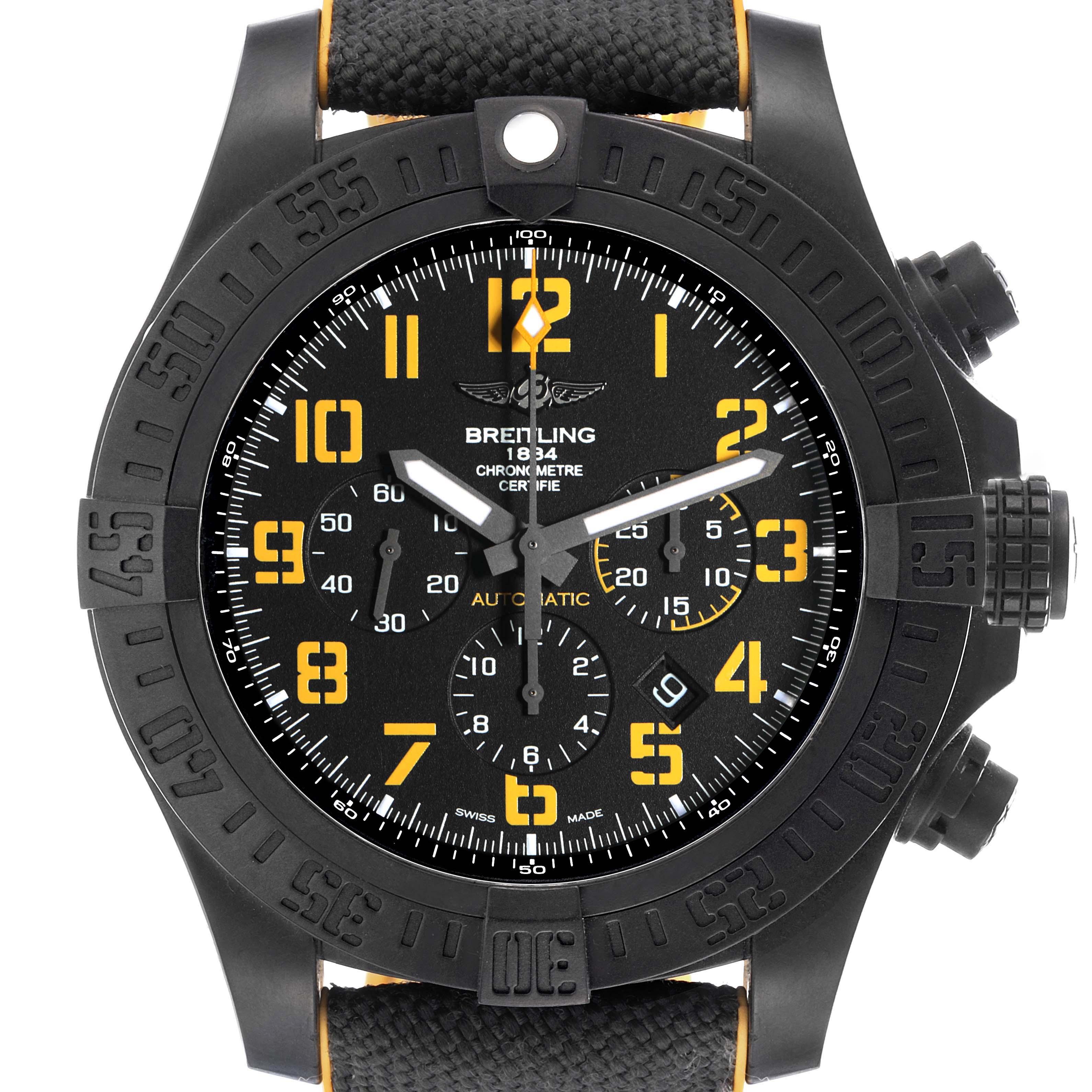 The Breitling Avenger XB0170 Men's Ceramic Black Dial XB0170 Men's Ceramic Black Dial watch is shown from the front, highlighting its dial, bezel, and side buttons.