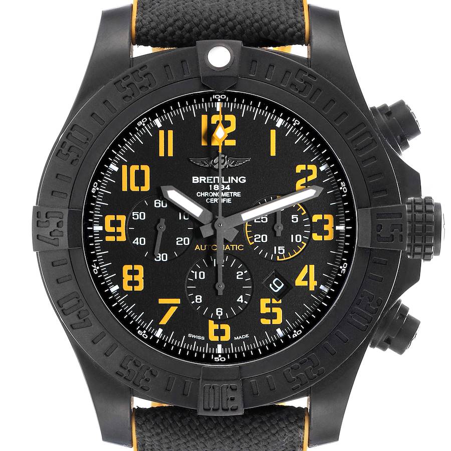 The Breitling Avenger watch is shown from the front, highlighting its dial, bezel, and side buttons.
