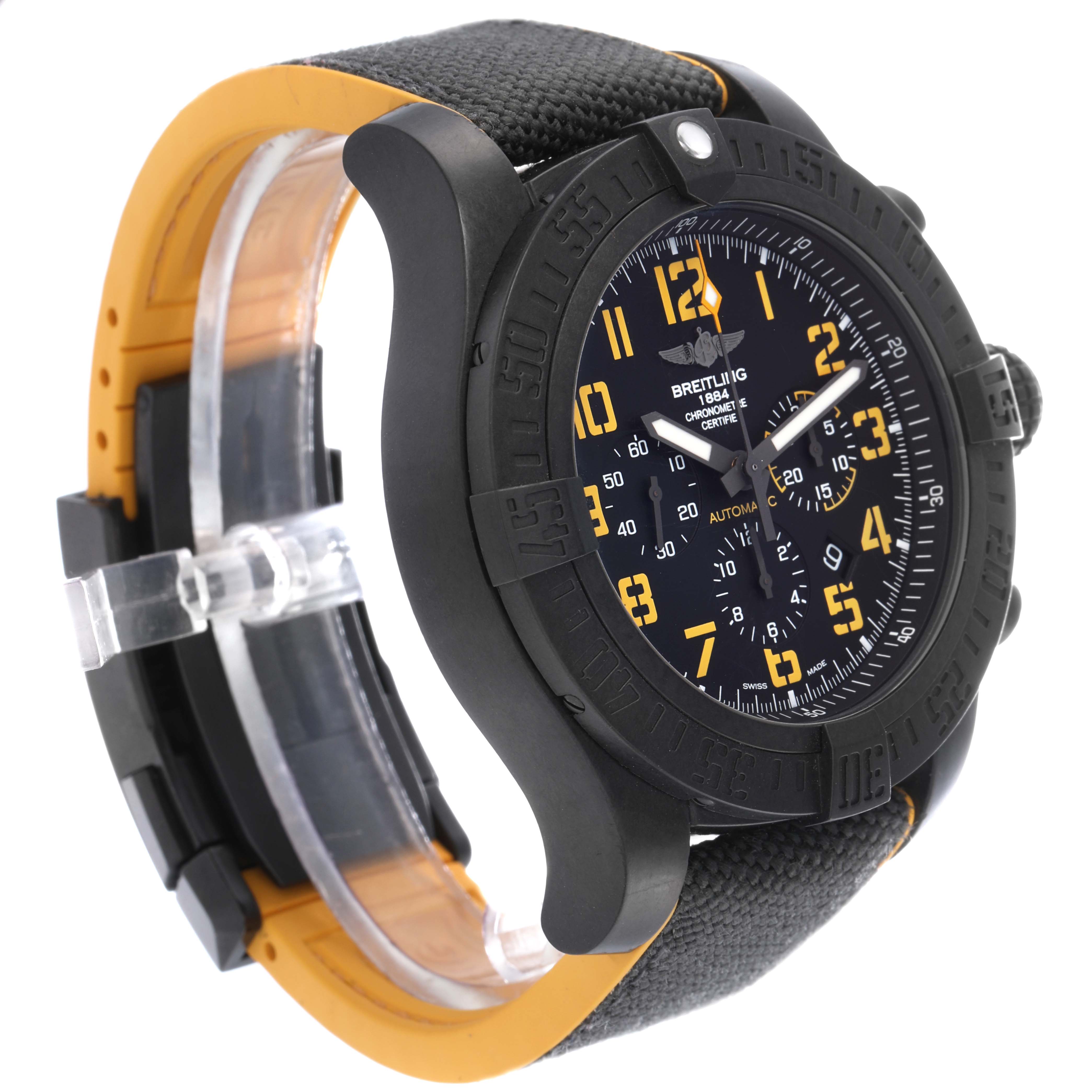 The Breitling Avenger XB0170 Men's Ceramic Black Dial XB0170 Men's Ceramic Black Dial watch is shown at an angled side view, highlighting the black case, yellow accents, and textured strap.