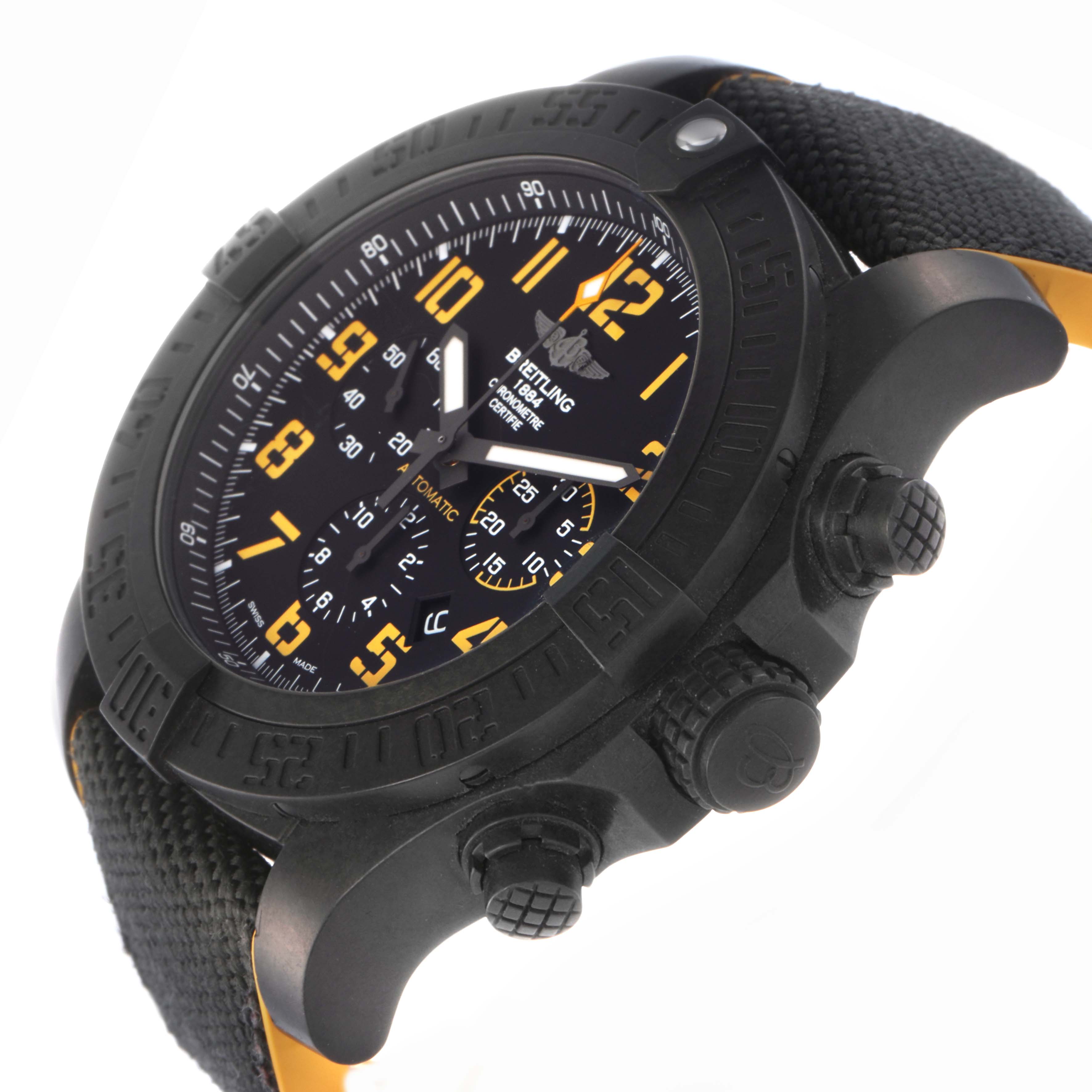 The Breitling Avenger XB0170 Men's Ceramic Black Dial XB0170 Men's Ceramic Black Dial watch is shown from a side angle, highlighting the face, bezel, crown, pushers, and strap.