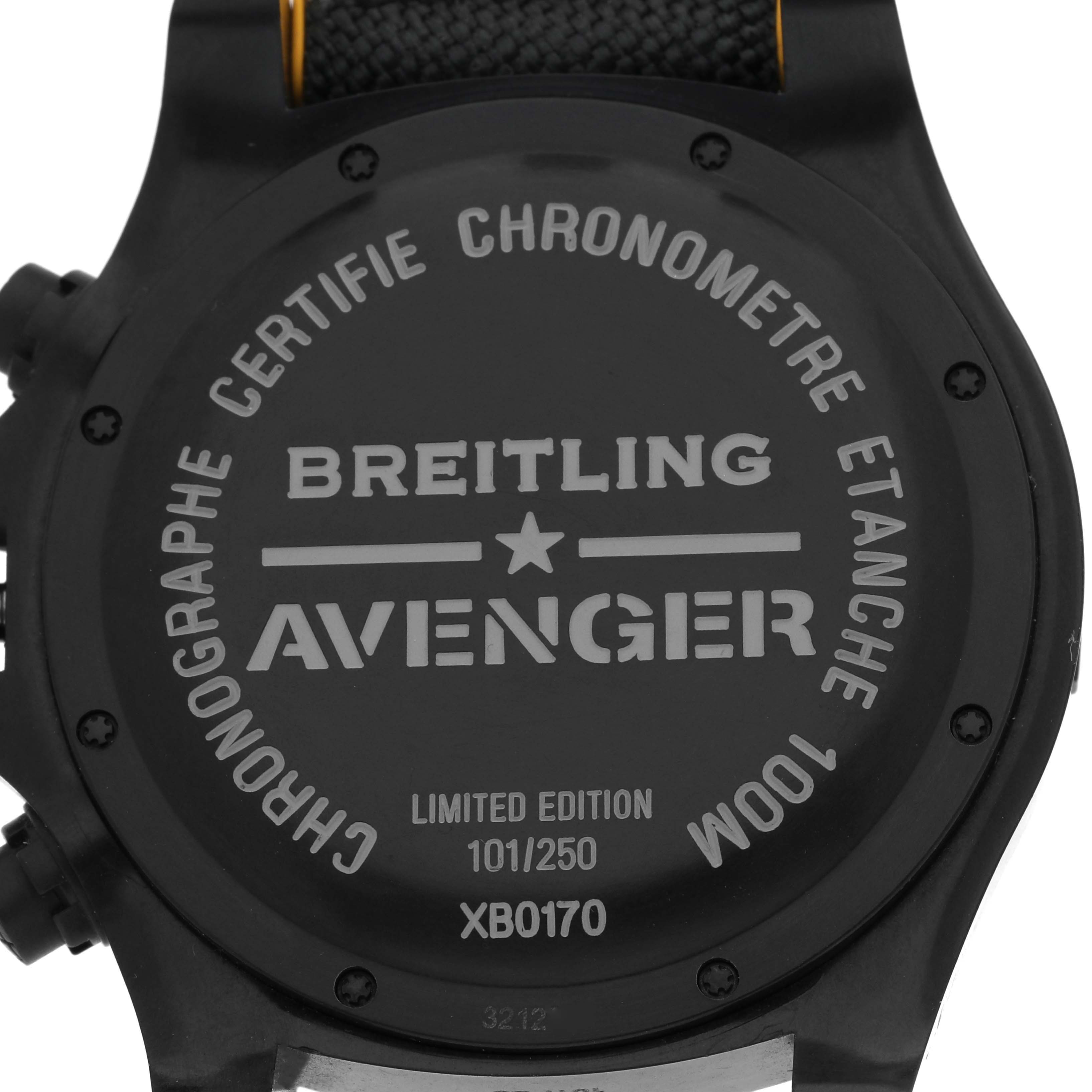 The image shows the back of the Breitling Avenger XB0170 Men's Ceramic Black Dial XB0170 Men's Ceramic Black Dial watch, highlighting its engravings and limited edition details.