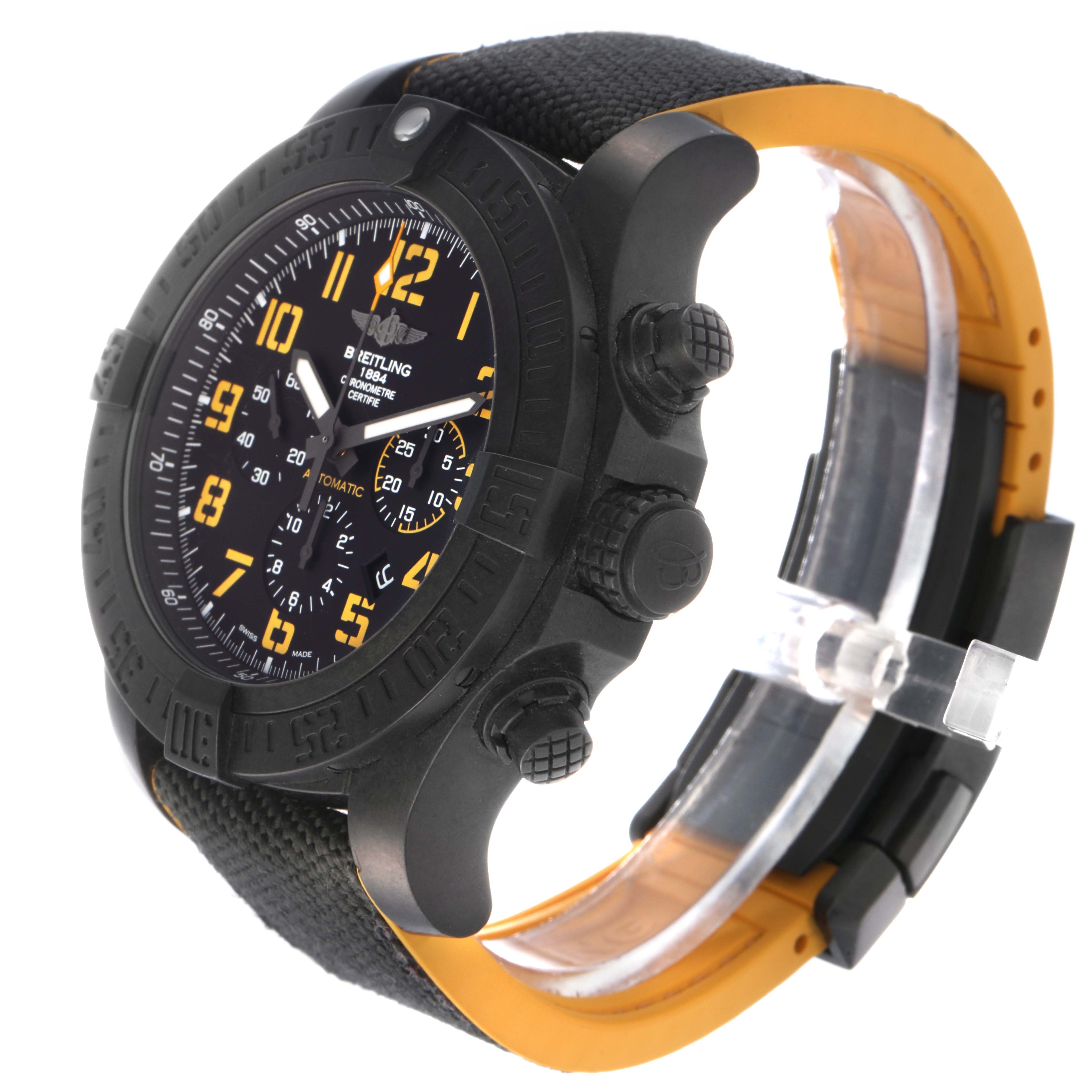 The Breitling Avenger XB0170 Men's Ceramic Black Dial XB0170 Men's Ceramic Black Dial watch is shown at a three-quarter angle, highlighting the face, bezel, crown, and part of the strap.