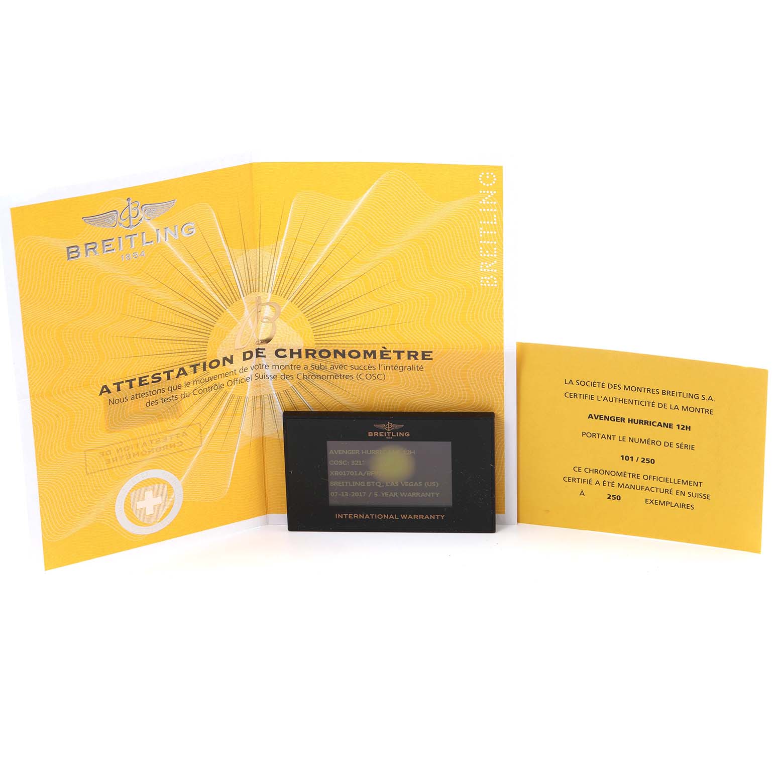 The image shows the warranty card and documentation for the Breitling Avenger XB0170 Men's Ceramic Black Dial XB0170 Men's Ceramic Black Dial model.