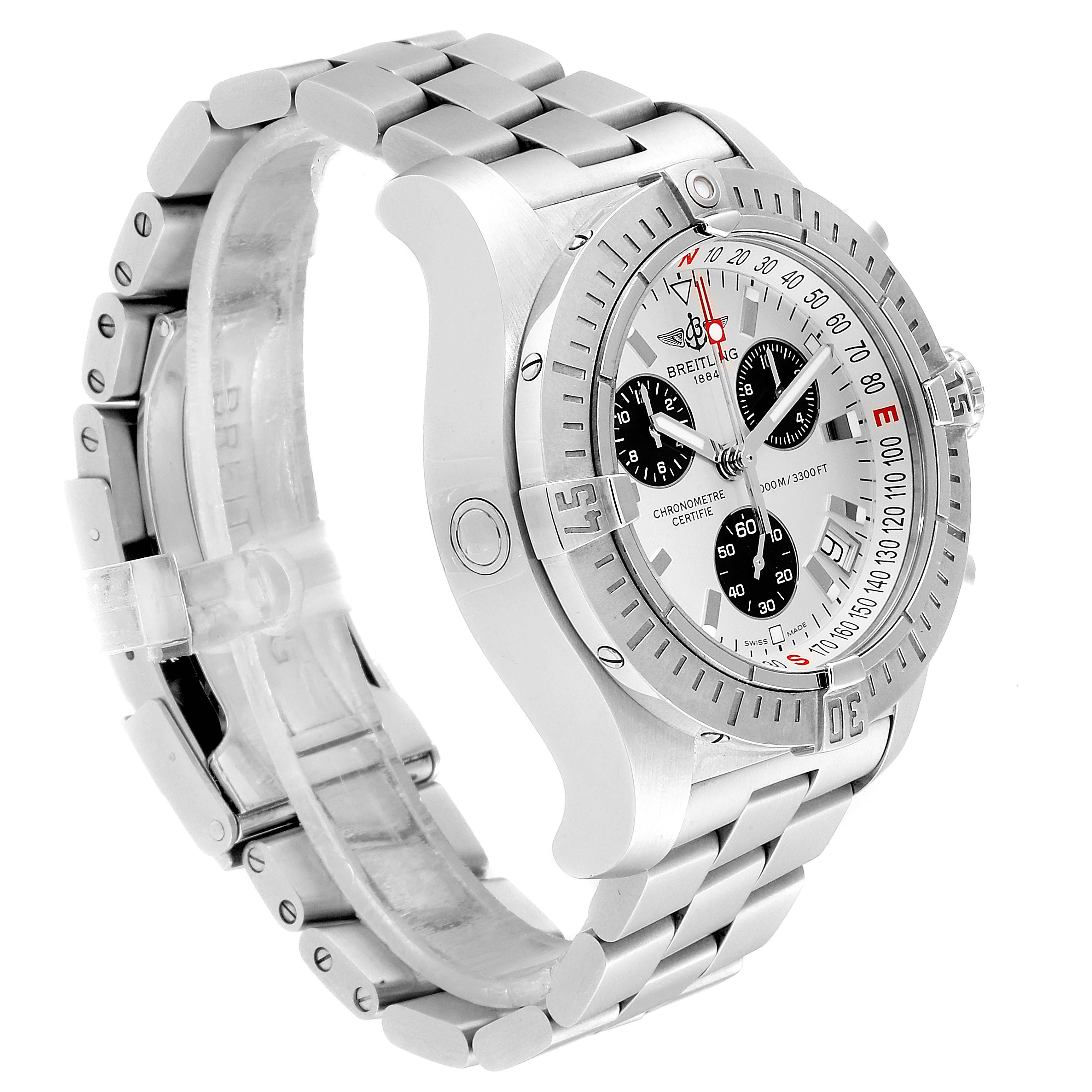 The image shows a Breitling Avenger A73390 Men
s Stainless Steel Silver Dial A73390 Men
s Stainless Steel Silver Dial watch taken from an angled side view, highlighting the watch face, bracelet, and bezel.