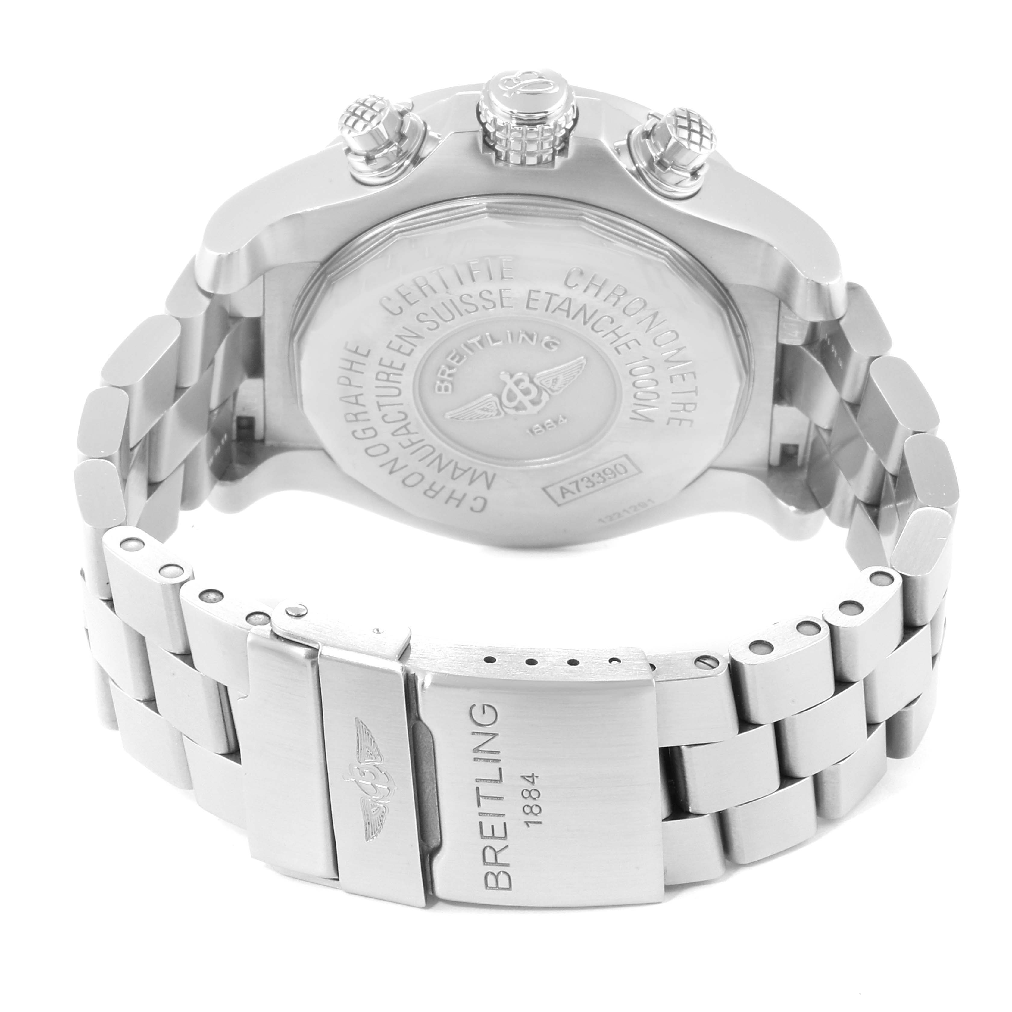 This image shows the back case and bracelet of the Breitling Avenger A73390 Men
s Stainless Steel Silver Dial A73390 Men
s Stainless Steel Silver Dial watch, highlighting its clasp and back case engravings.