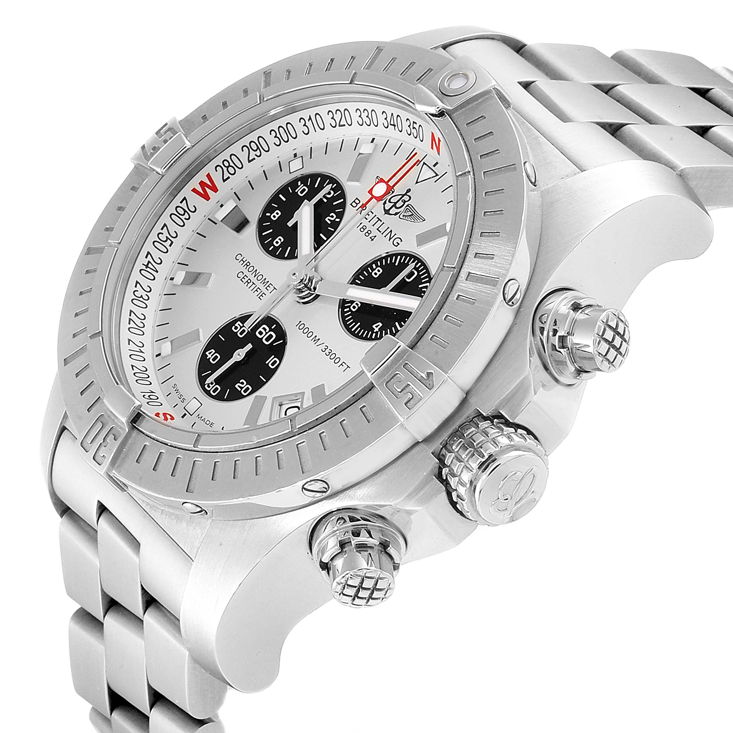 This image shows a side and partial front view of the Breitling Avenger A73390 Men
s Stainless Steel Silver Dial A73390 Men
s Stainless Steel Silver Dial watch, highlighting its bezel, crown, and chronograph dials.
