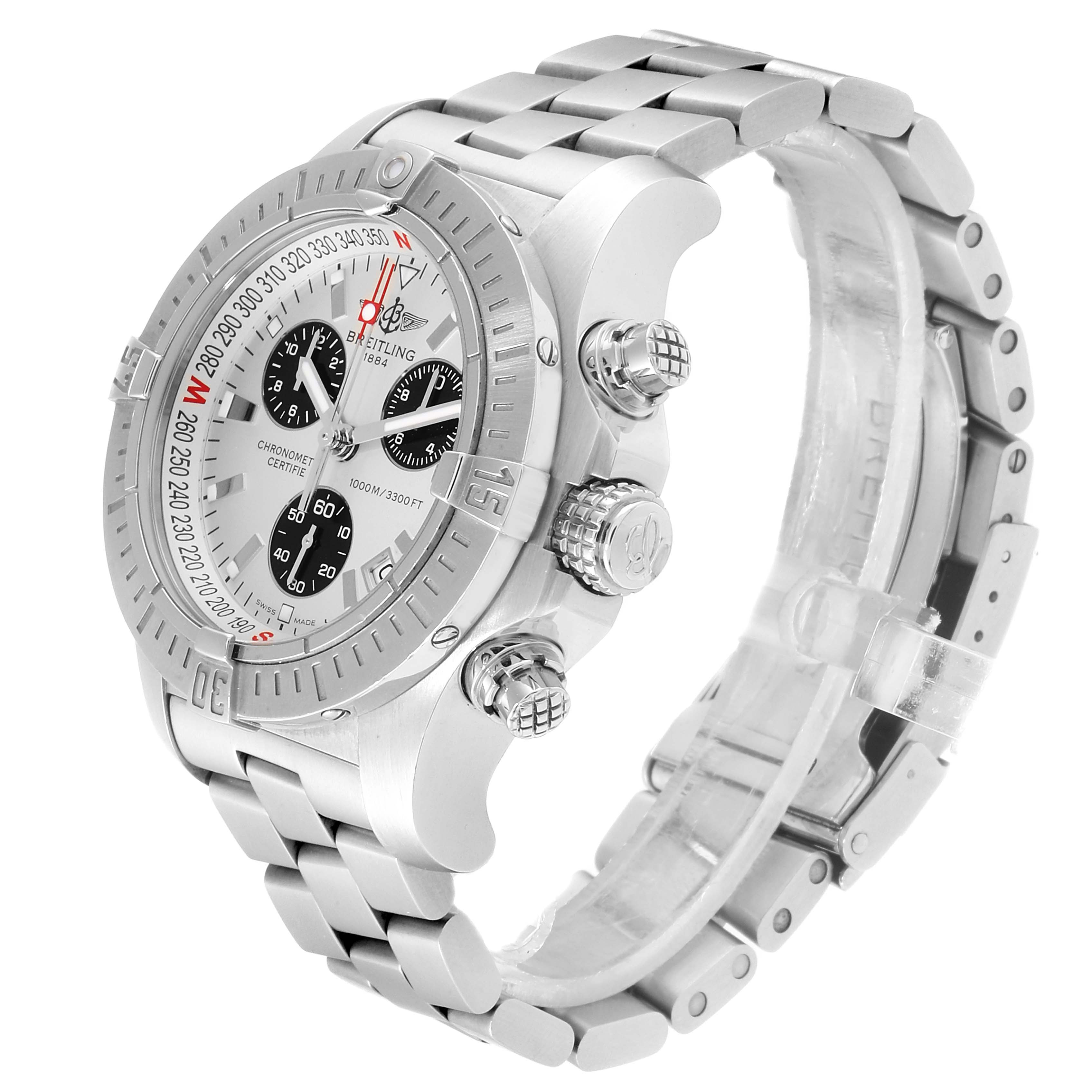 This image shows a Breitling Avenger A73390 Men
s Stainless Steel Silver Dial A73390 Men
s Stainless Steel Silver Dial watch angled to display the face, bezel, crown, pushers, and part of the stainless steel bracelet.
