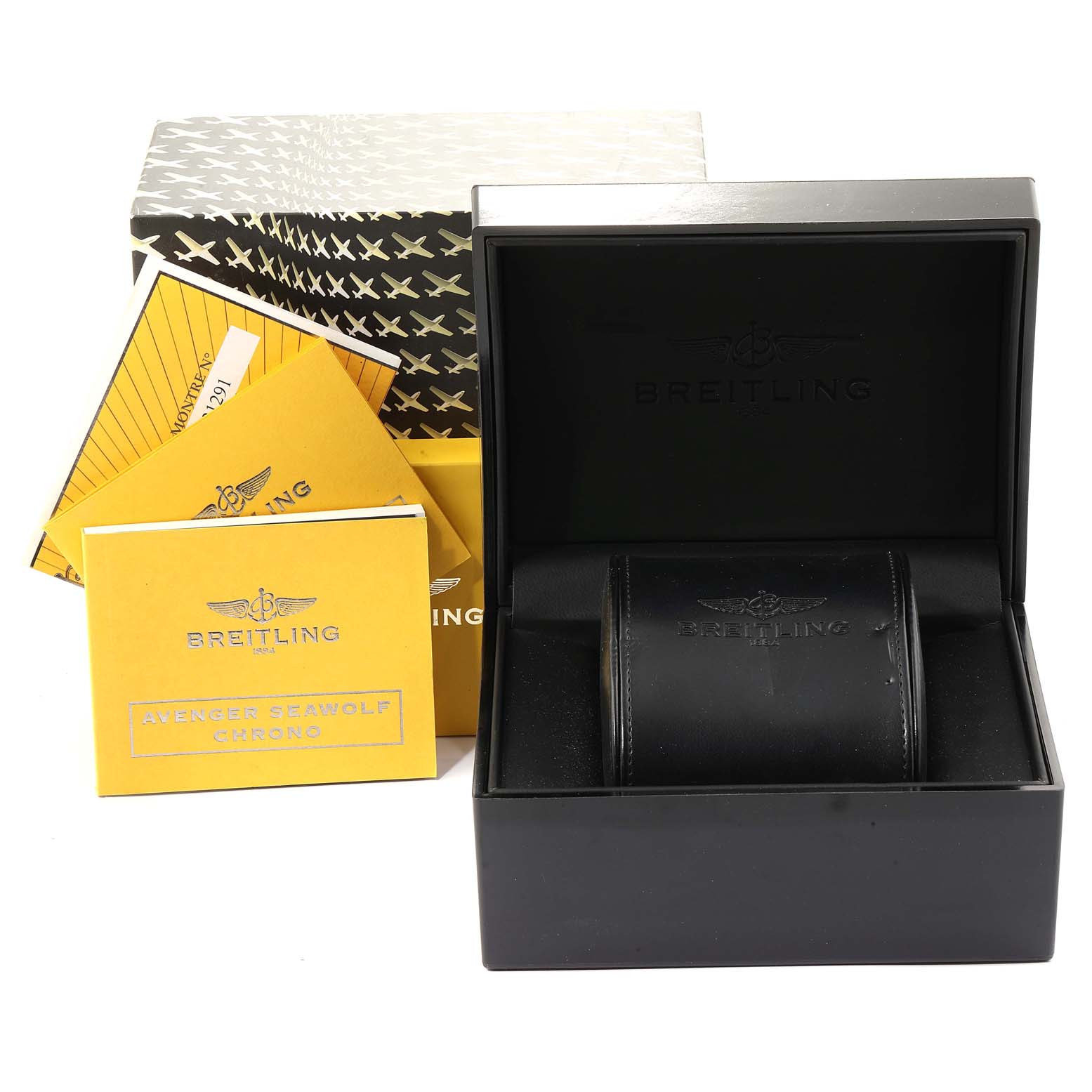 The image shows the box, cushion, and manuals for the Breitling Avenger A73390 Men
s Stainless Steel Silver Dial A73390 Men
s Stainless Steel Silver Dial model.