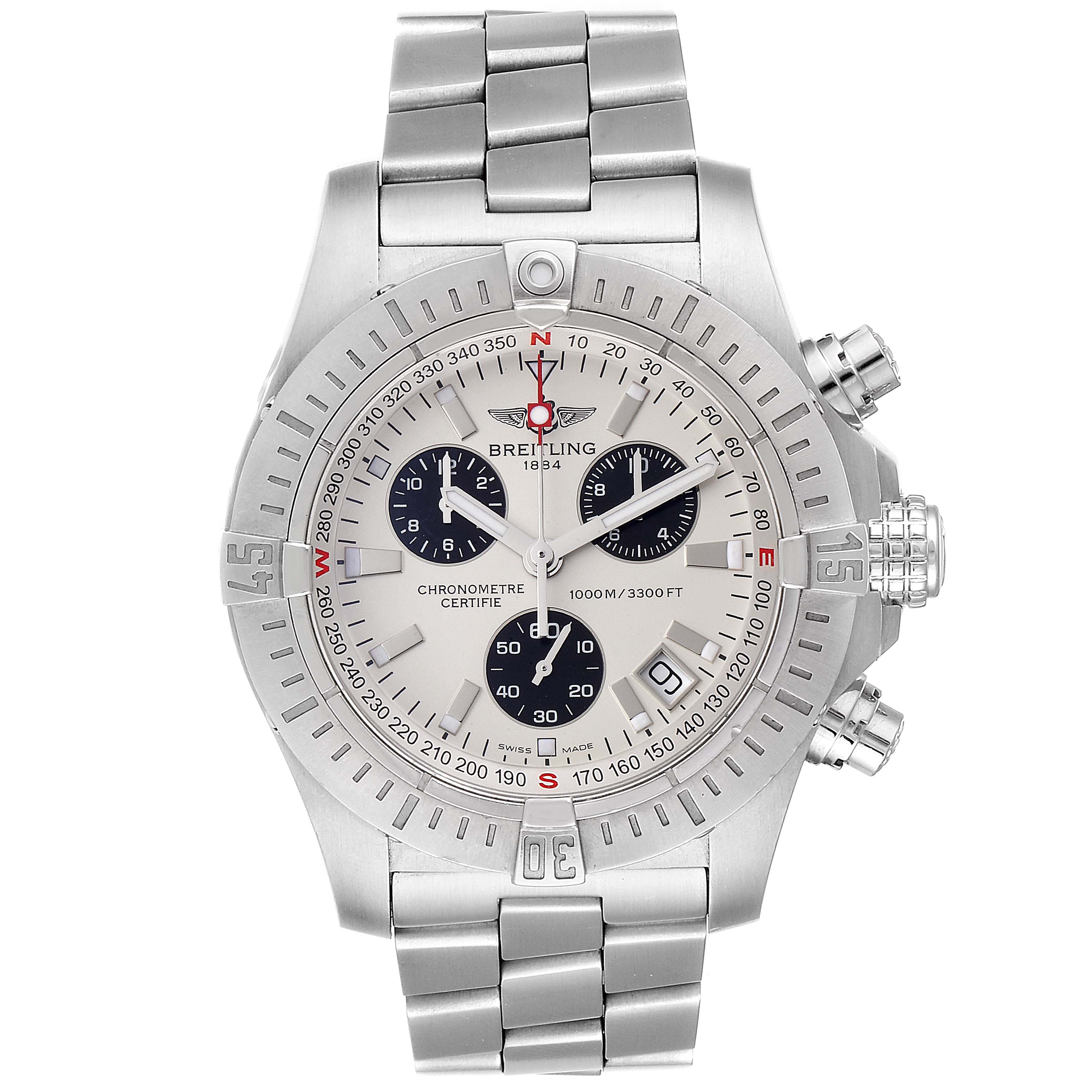 This image shows a front view of a Breitling Avenger A73390 Men
s Stainless Steel Silver Dial A73390 Men
s Stainless Steel Silver Dial watch, displaying its dial, bezel, and bracelet.