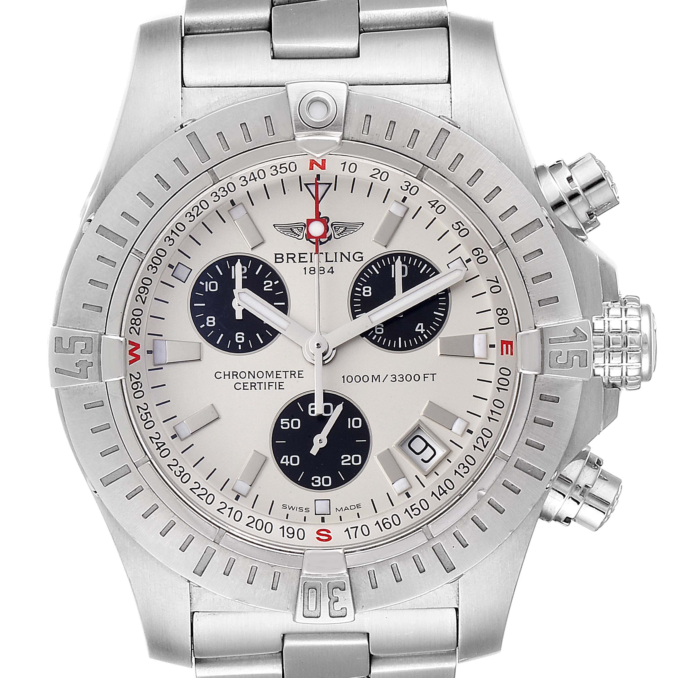 The image shows a front view of the Breitling Avenger A73390 Men
s Stainless Steel Silver Dial A73390 Men
s Stainless Steel Silver Dial model watch, displaying the dial, subdials, bezel, and bracelet.