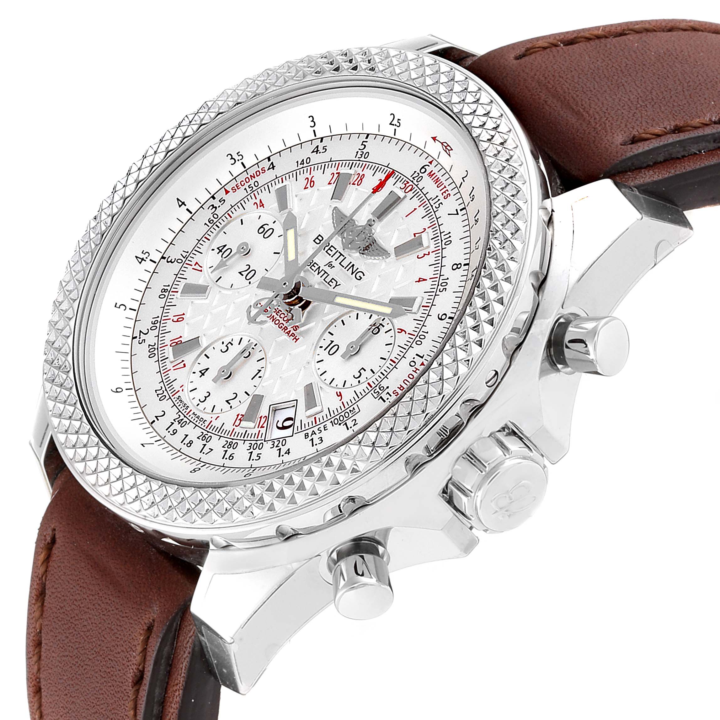 This Breitling Bentley AB0521U0/A768/789P/A20BA.1 Men's Stainless Steel Silver Dial AB0521U0/A768/789P/A20BA.1 Men's Stainless Steel Silver Dial watch is shown at an angled close-up, displaying the dial, case, bezel, crown, and part of the leather strap.