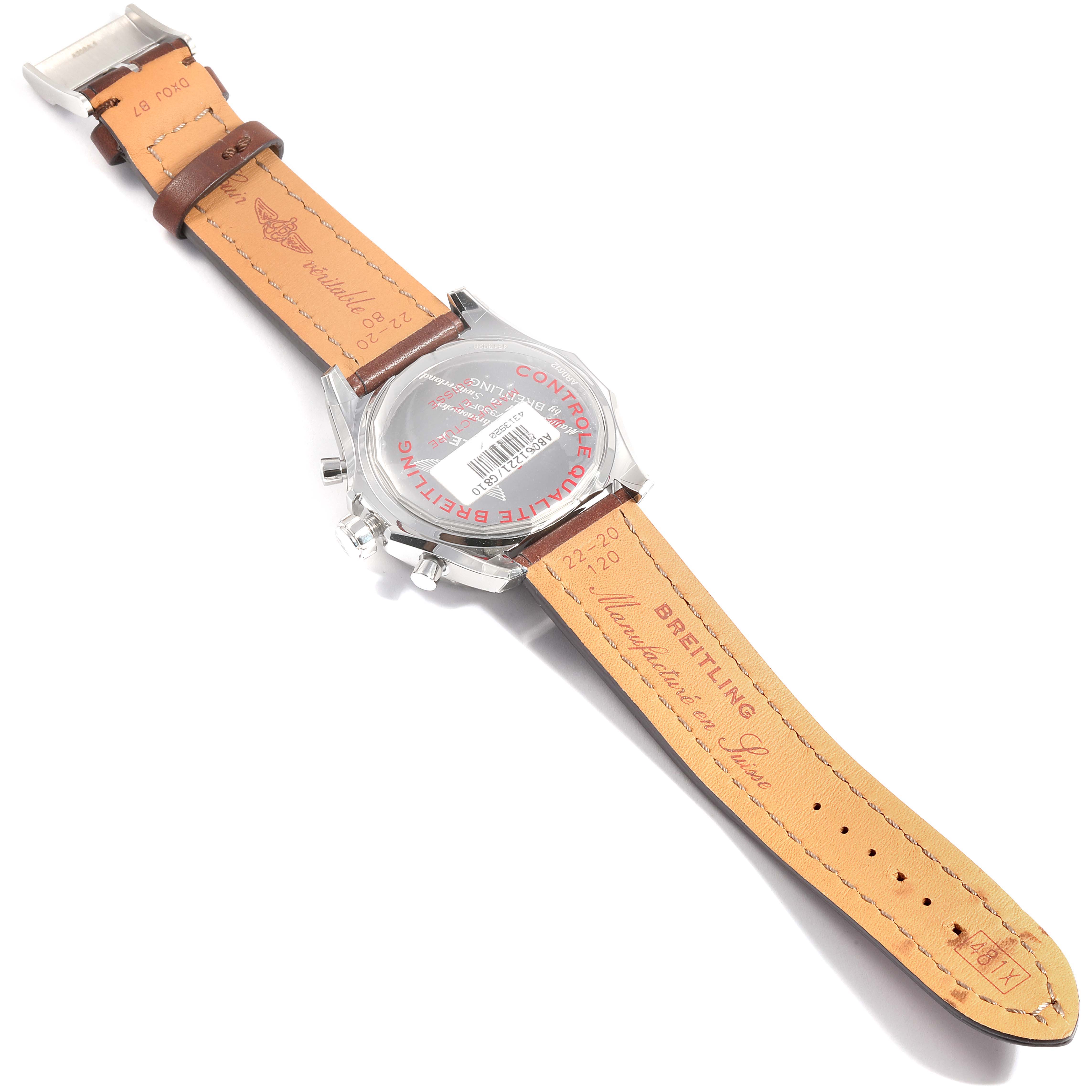 The image shows the back and strap of a Breitling Bentley AB0521U0/A768/789P/A20BA.1 Men's Stainless Steel Silver Dial AB0521U0/A768/789P/A20BA.1 Men's Stainless Steel Silver Dial model watch laid flat.