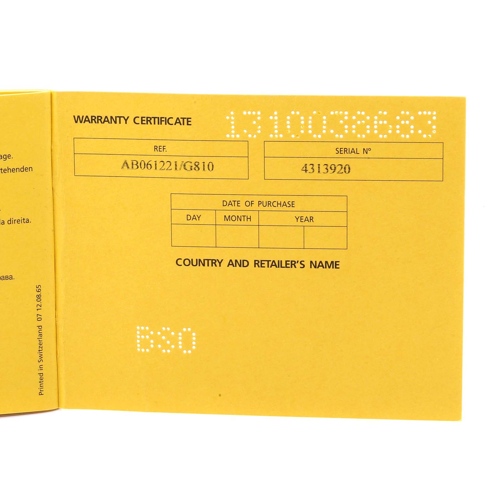 The image shows a warranty certificate for the Breitling Bentley AB0521U0/A768/789P/A20BA.1 Men's Stainless Steel Silver Dial AB0521U0/A768/789P/A20BA.1 Men's Stainless Steel Silver Dial model watch.