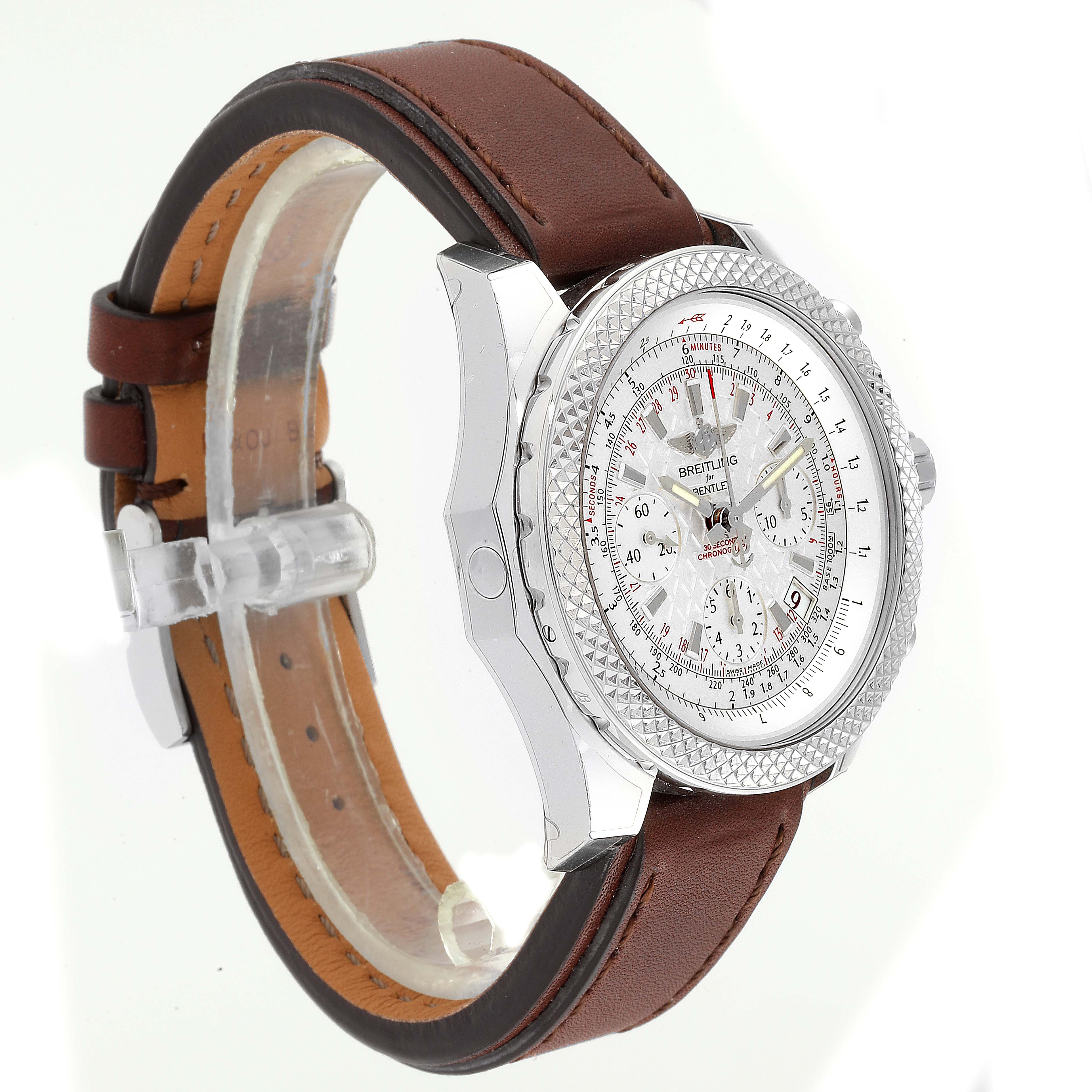 The Breitling Bentley AB0521U0/A768/789P/A20BA.1 Men's Stainless Steel Silver Dial AB0521U0/A768/789P/A20BA.1 Men's Stainless Steel Silver Dial model watch is shown at a three-quarter angle, displaying the face, bezel, case, and leather strap.