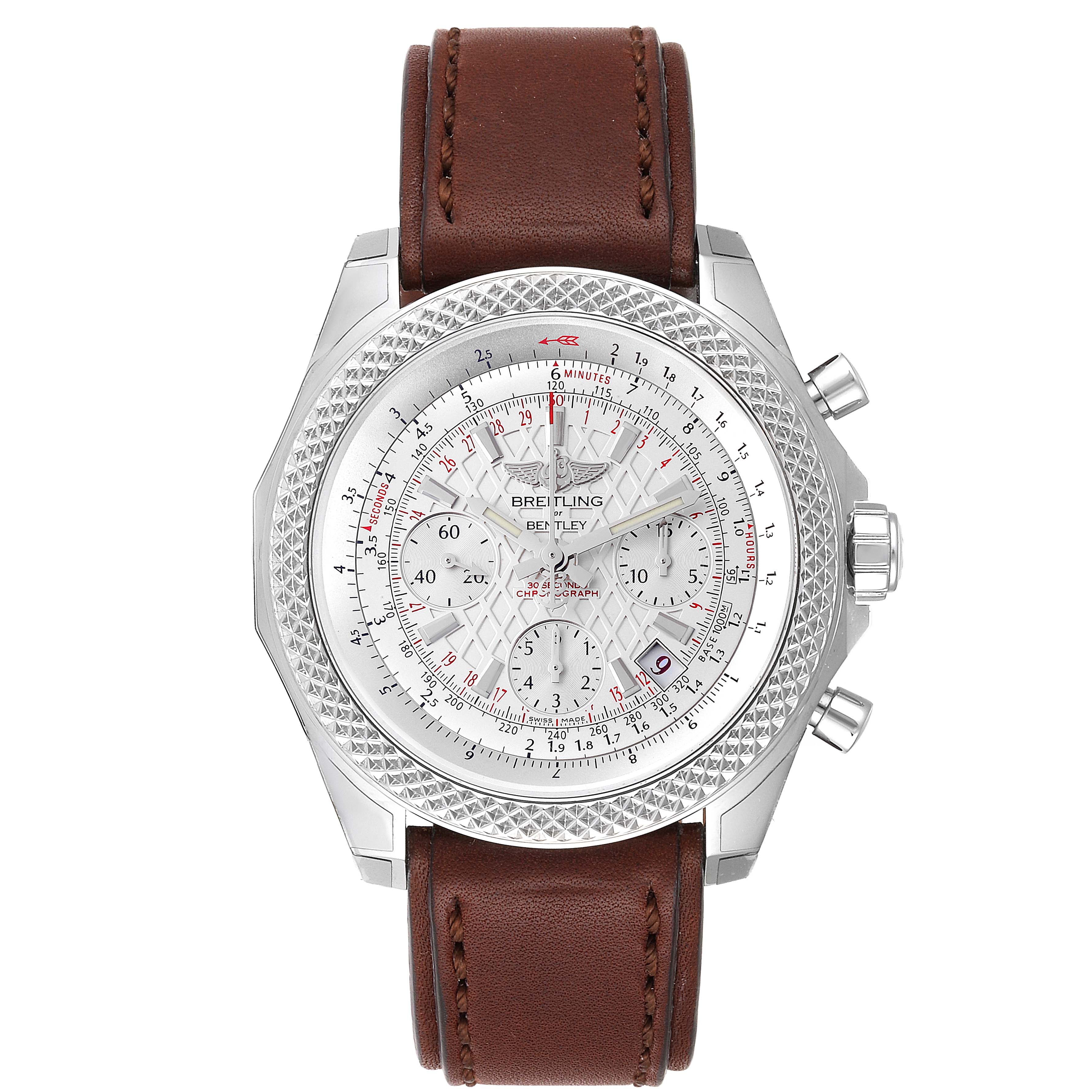The Breitling Bentley AB0521U0/A768/789P/A20BA.1 Men's Stainless Steel Silver Dial AB0521U0/A768/789P/A20BA.1 Men's Stainless Steel Silver Dial watch is shown from a top-down angle, featuring its dial, brown leather strap, and side buttons.