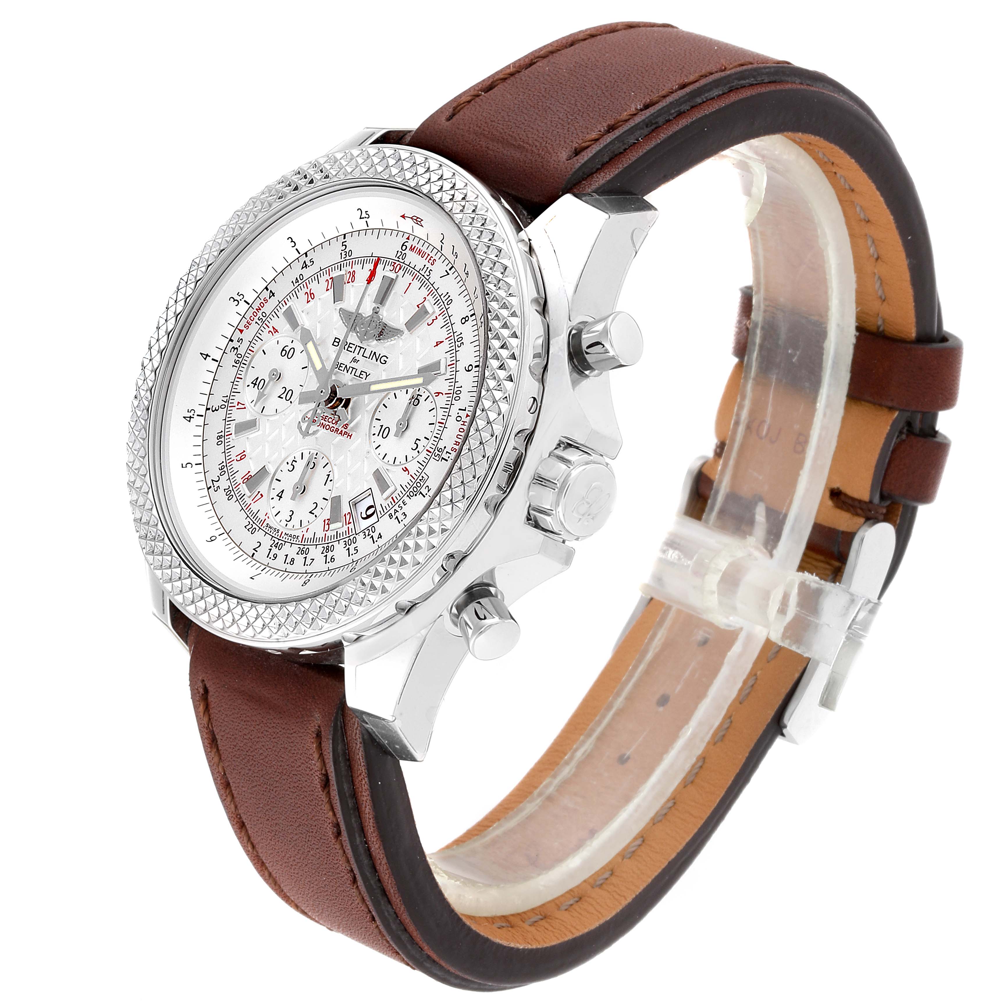The image shows a Bentley model by Breitling from a side angle, displaying the face, bezel, crown, pushers, and leather strap.