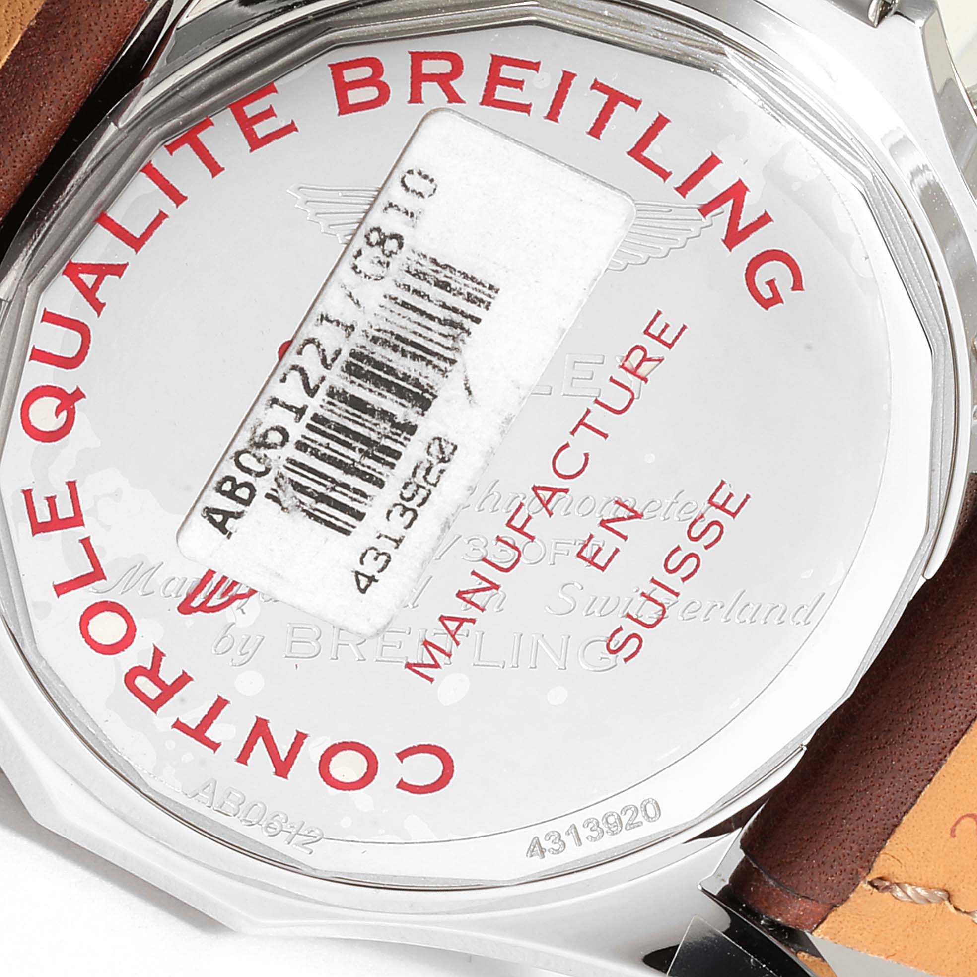 The image shows the back case of a Breitling Bentley AB0521U0/A768/789P/A20BA.1 Men's Stainless Steel Silver Dial AB0521U0/A768/789P/A20BA.1 Men's Stainless Steel Silver Dial watch with parts of the leather strap visible.