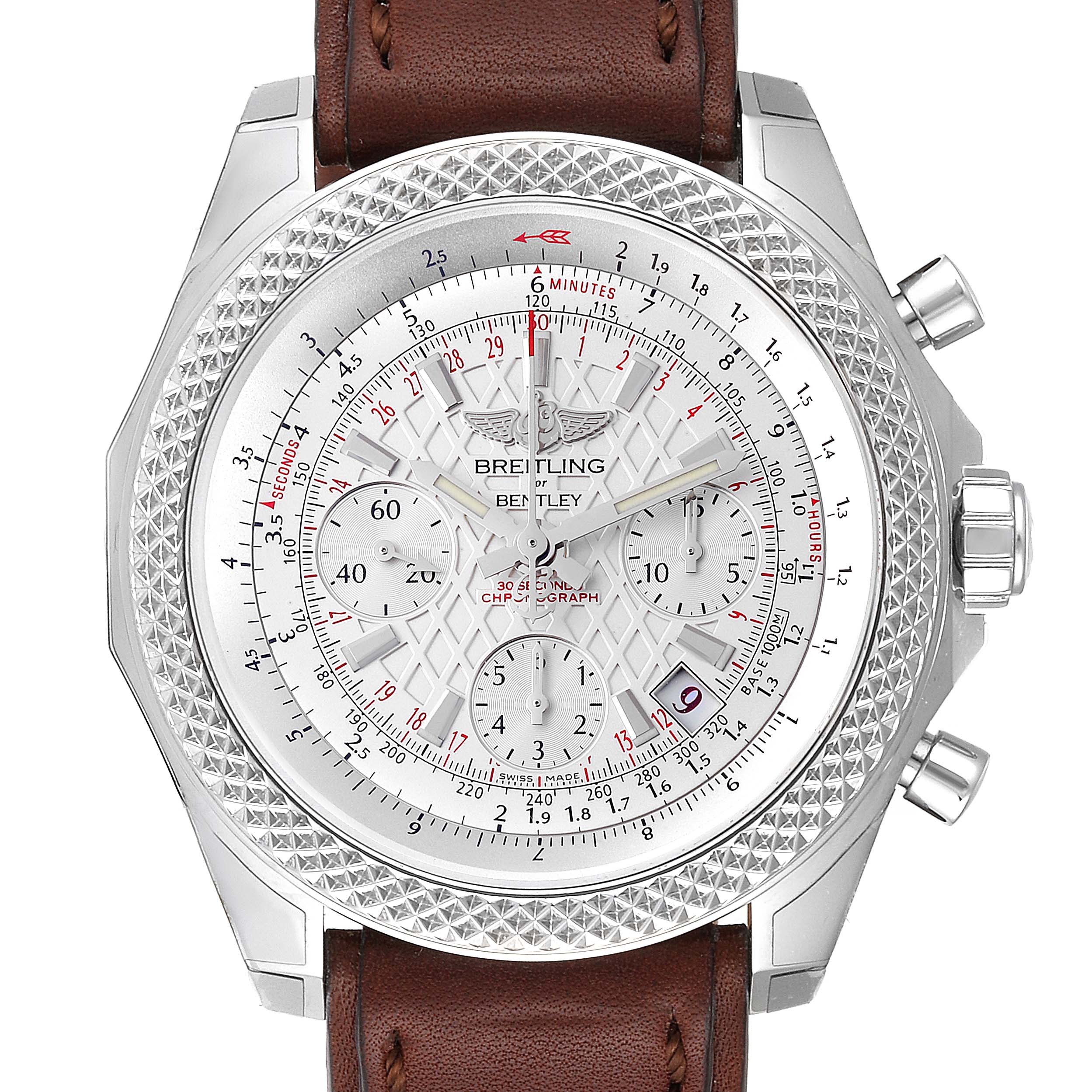 The image shows a front view of a Breitling Bentley AB0521U0/A768/789P/A20BA.1 Men's Stainless Steel Silver Dial AB0521U0/A768/789P/A20BA.1 Men's Stainless Steel Silver Dial watch with a brown leather strap and a detailed white dial.