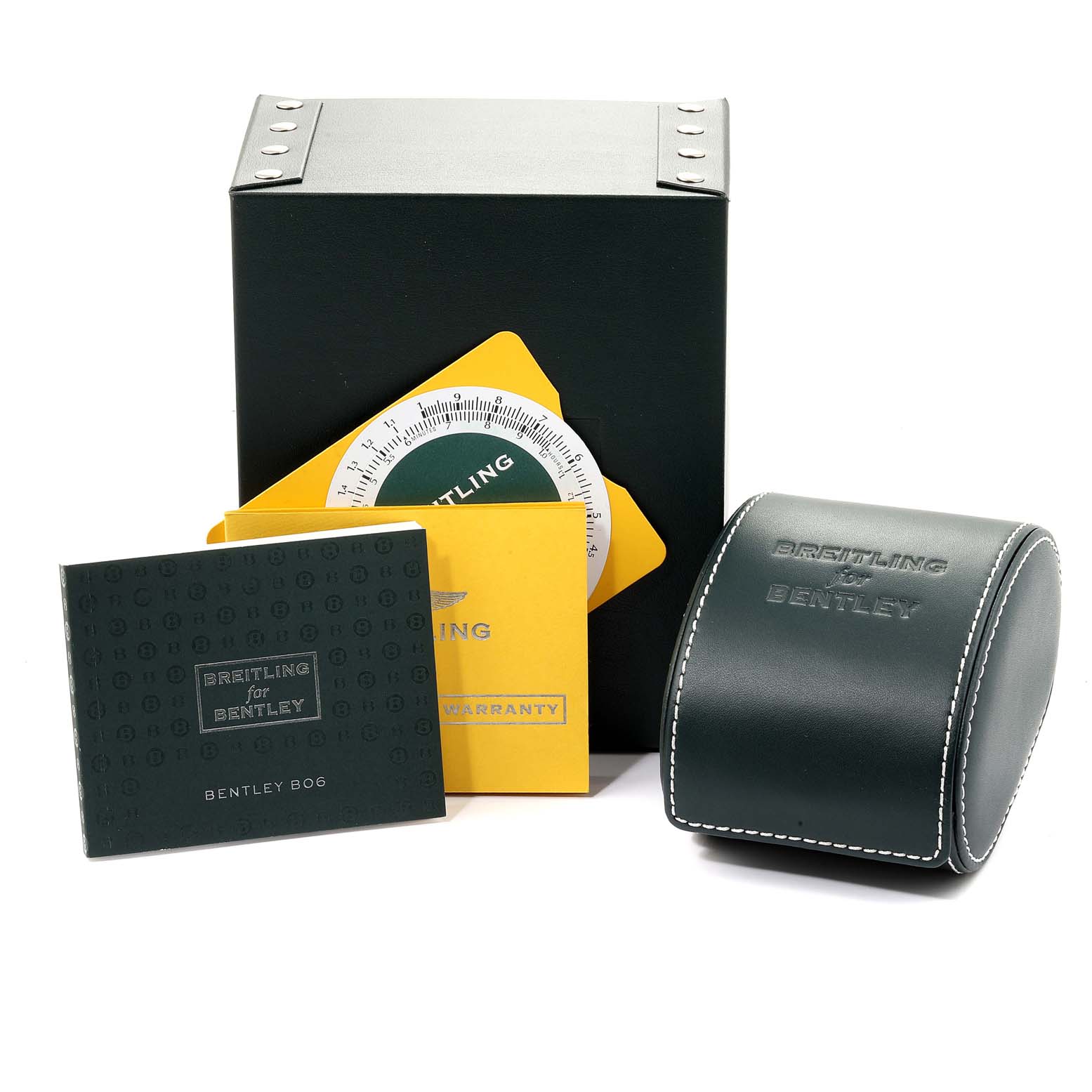 The image shows the packaging, manuals, warranty card, and case for a Breitling Bentley AB0521U0/A768/789P/A20BA.1 Men's Stainless Steel Silver Dial AB0521U0/A768/789P/A20BA.1 Men's Stainless Steel Silver Dial watch.