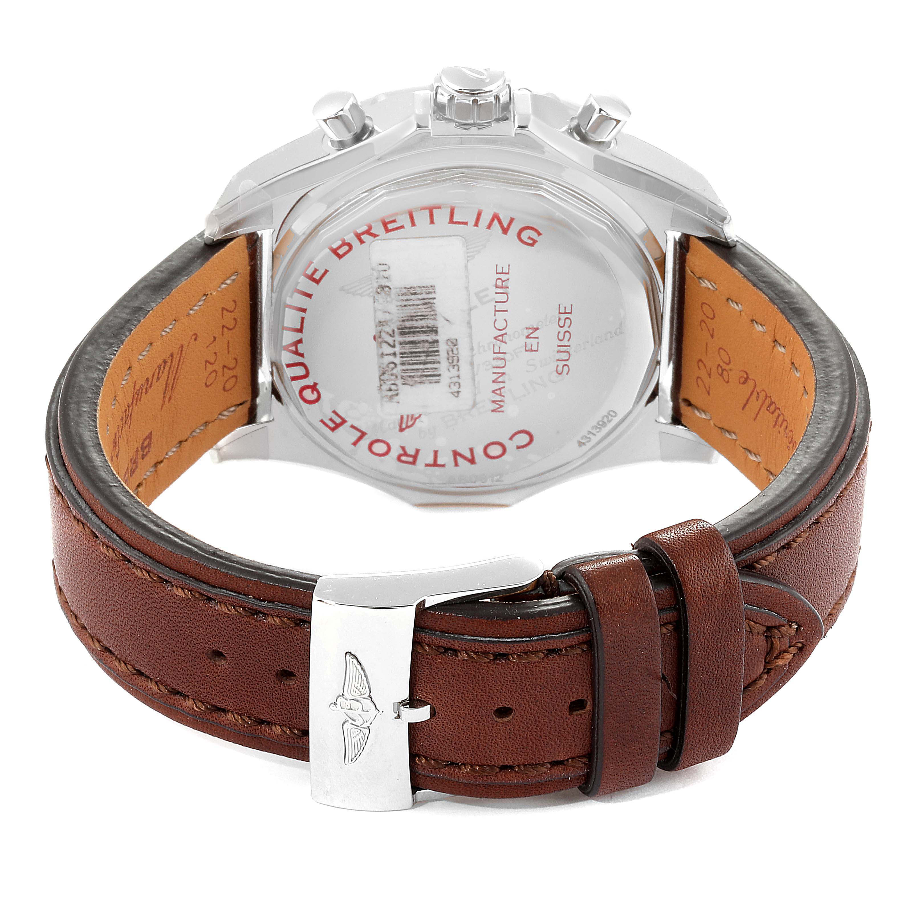 The image shows the back view of a Breitling Bentley AB0521U0/A768/789P/A20BA.1 Men's Stainless Steel Silver Dial AB0521U0/A768/789P/A20BA.1 Men's Stainless Steel Silver Dial model watch, highlighting its leather strap and clasp.