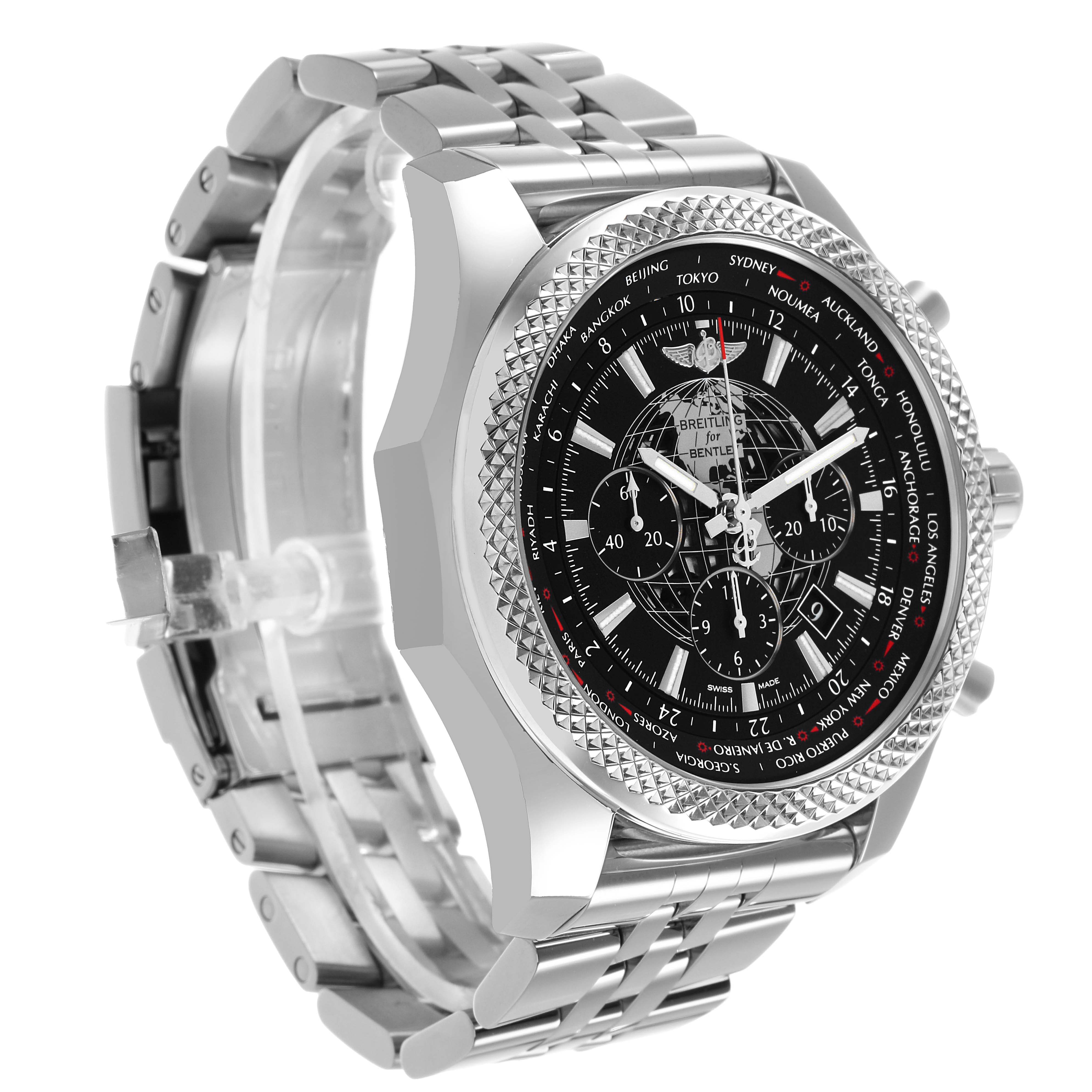 The Breitling Bentley AB0521 Men's Stainless Steel Black Dial watch is shown at a three-quarter angle, highlighting its face, bezel, and metal bracelet.