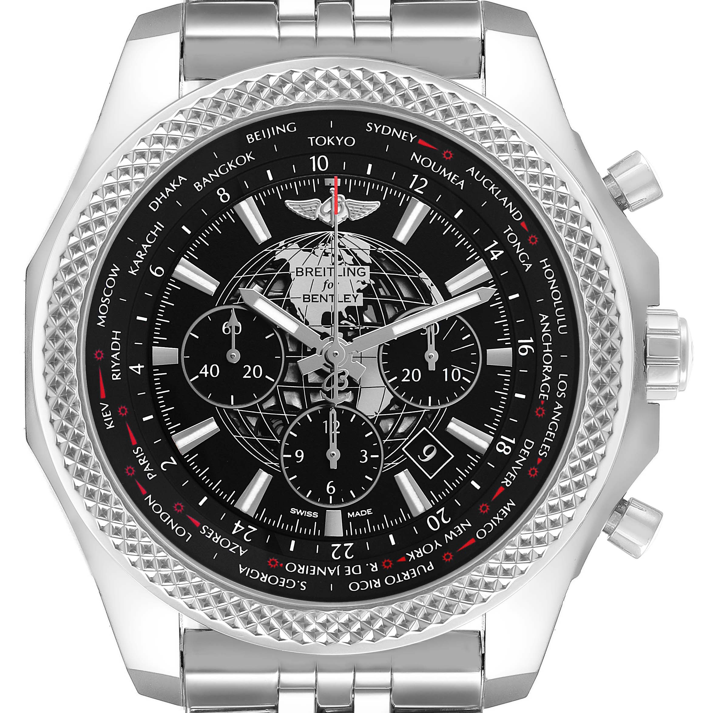 The Bentley by Breitling watch is shown face-on, highlighting its detailed dial, bezel, and chronograph features.