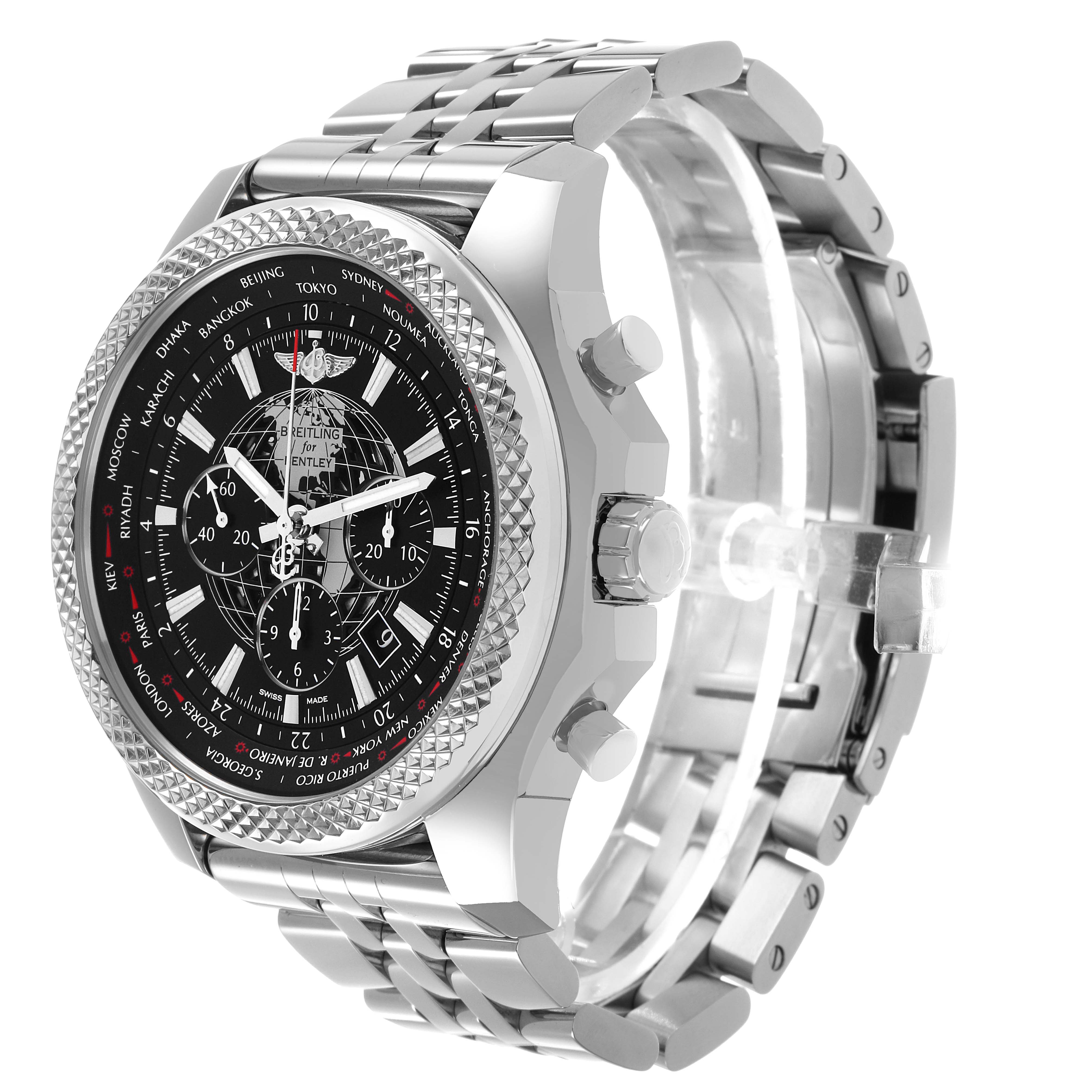 The Breitling Bentley AB0521 Men's Stainless Steel Black Dial watch is shown from a three-quarter angle, highlighting its face, bezel, crown, and metal bracelet.