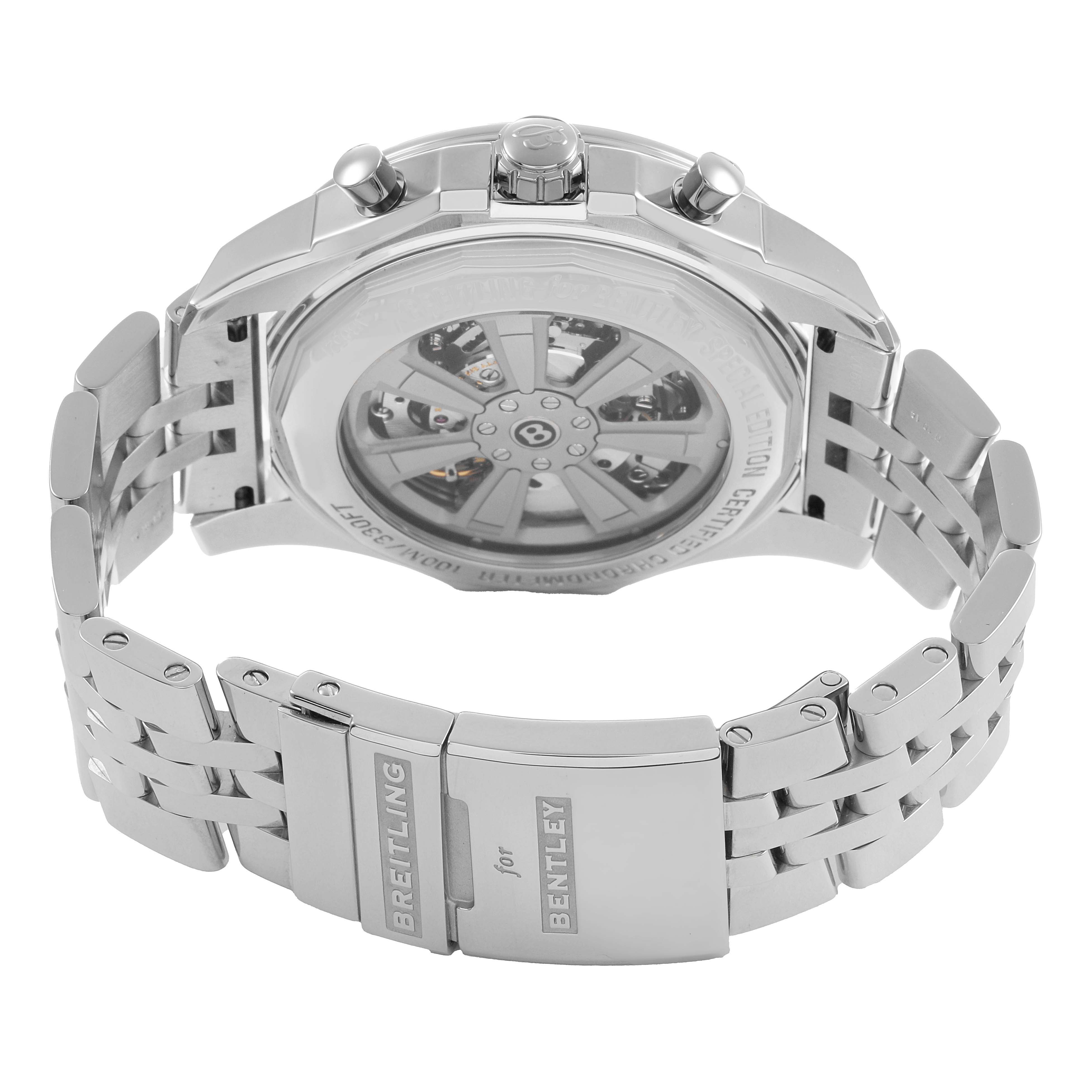 The image shows the back and clasp of the Breitling for Bentley watch, highlighting the stainless steel bracelet and movement.
