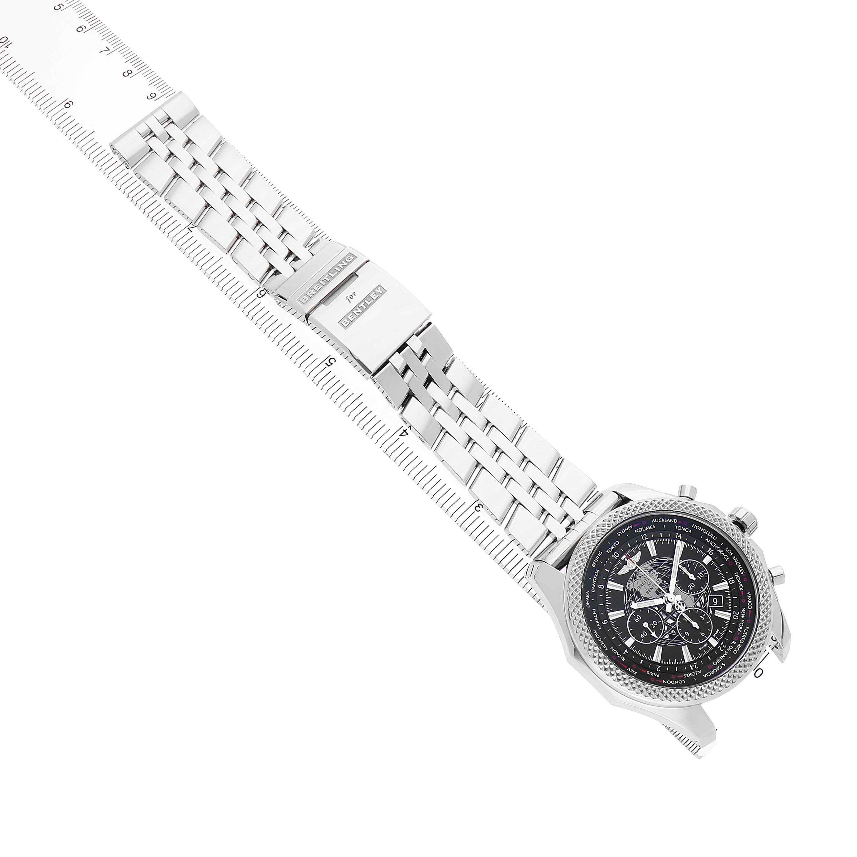 The Breitling Bentley AB0521 Men's Stainless Steel Black Dial watch is shown from a top-down angle with its metal bracelet and clasp visible alongside the detailed watch face.